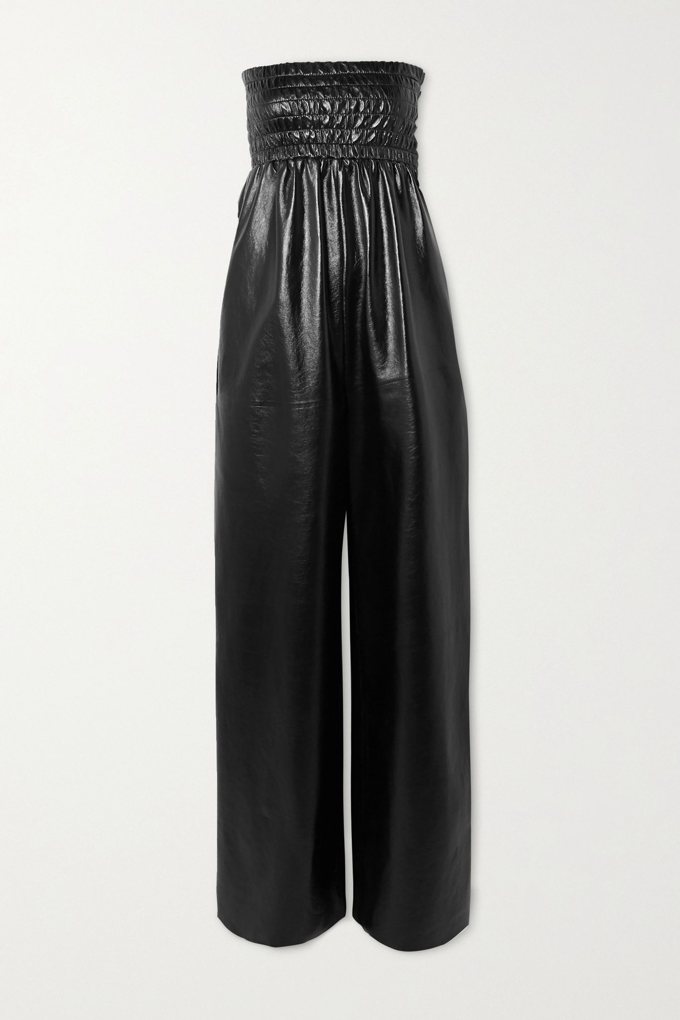 Strapless shirred crinkled glossed-leather jumpsuit - 1