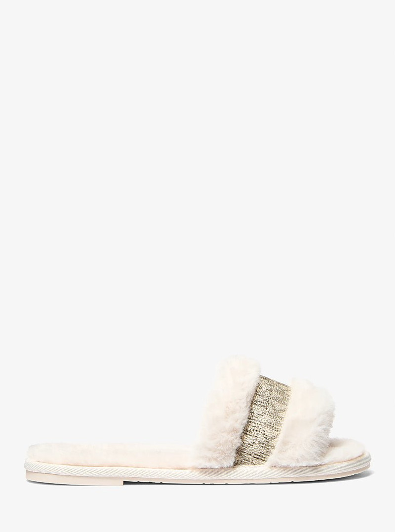 Alexis Faux Fur and Metallic Signature Logo Slide Sandal 1