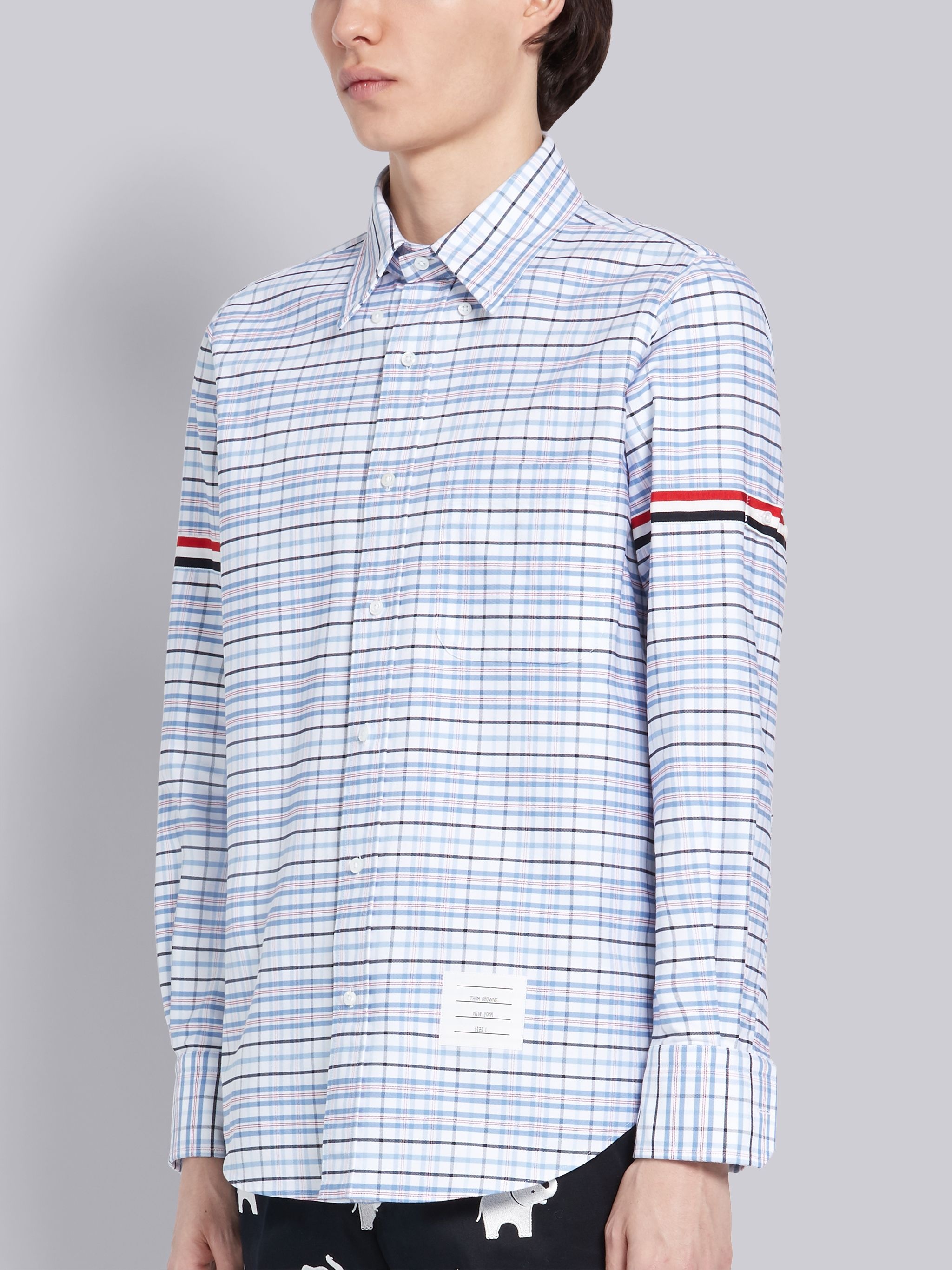 Blue Tricolor Cotton Oxford Check Grosgrain Armband Long Sleeve Shirt - 2