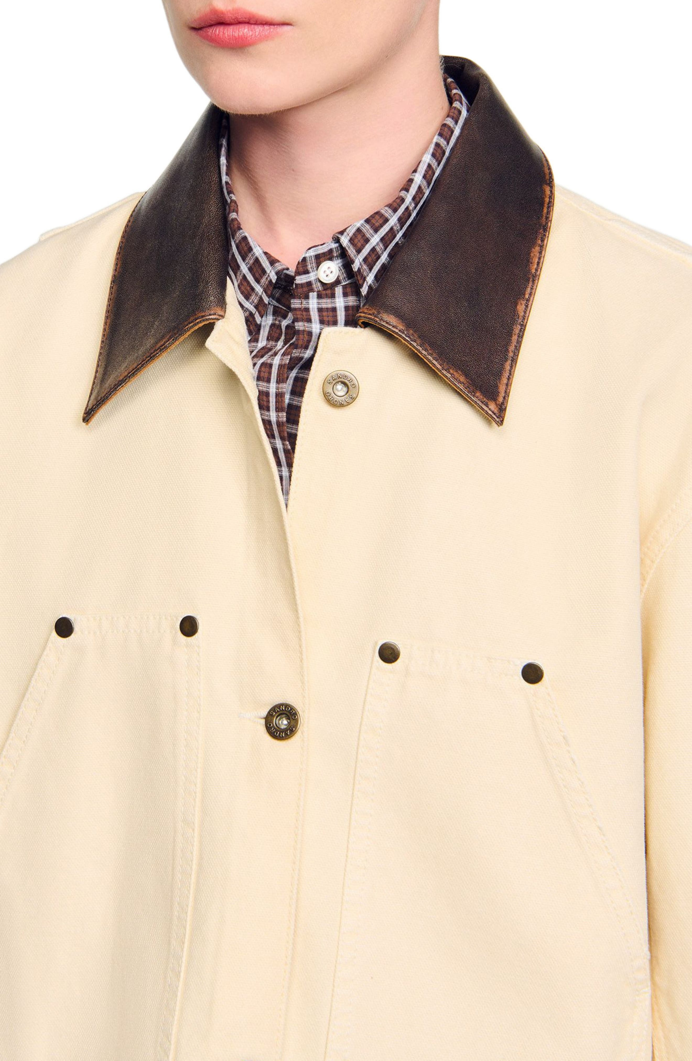 SANDRO Leather collar workwear jacket in Ecru at Nordstrom - 4