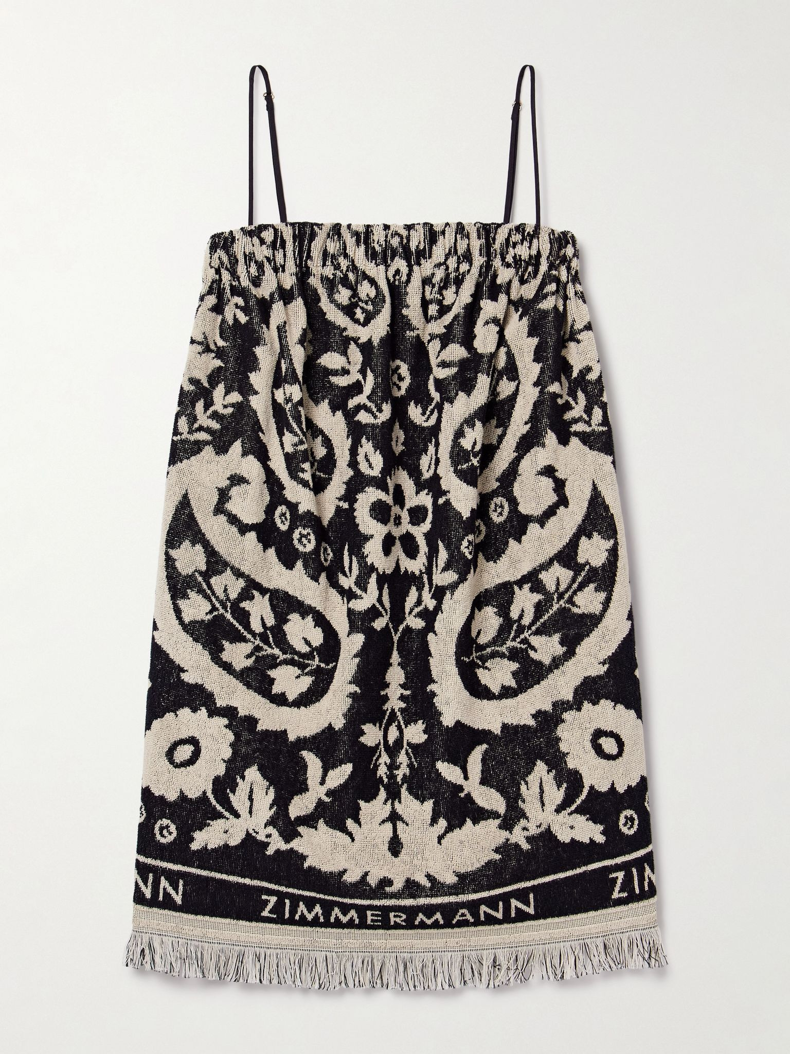 Rhiannon fringed cotton-terry jacquard mini dress Black - 1