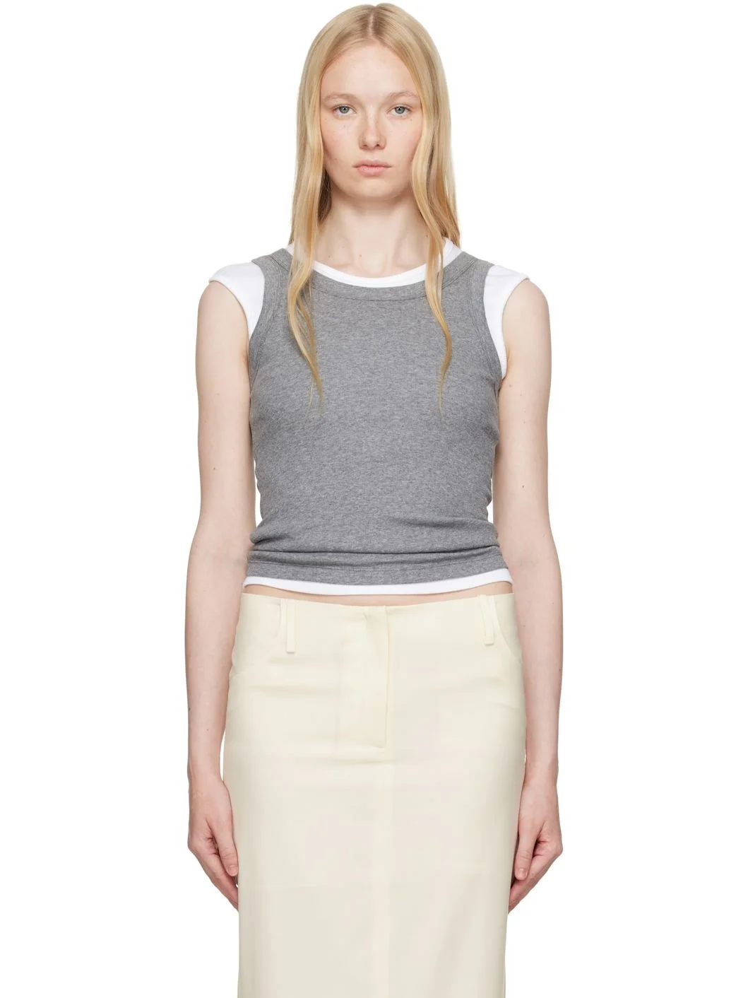 Gray Ribbed High Neck Tank Top - 1