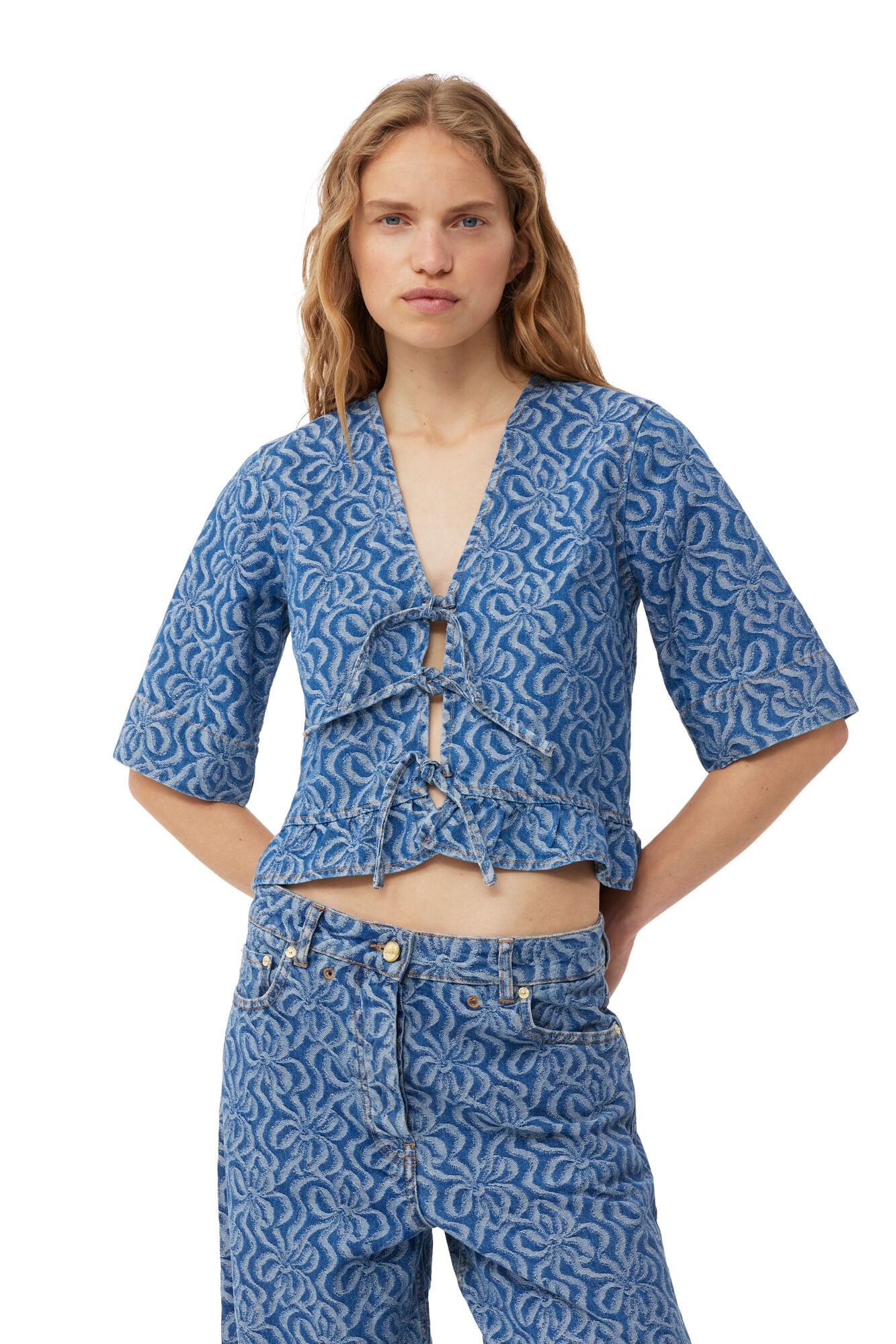 BLUE JACQUARD DENIM FLOUNCE TIE BLOUSE - 3