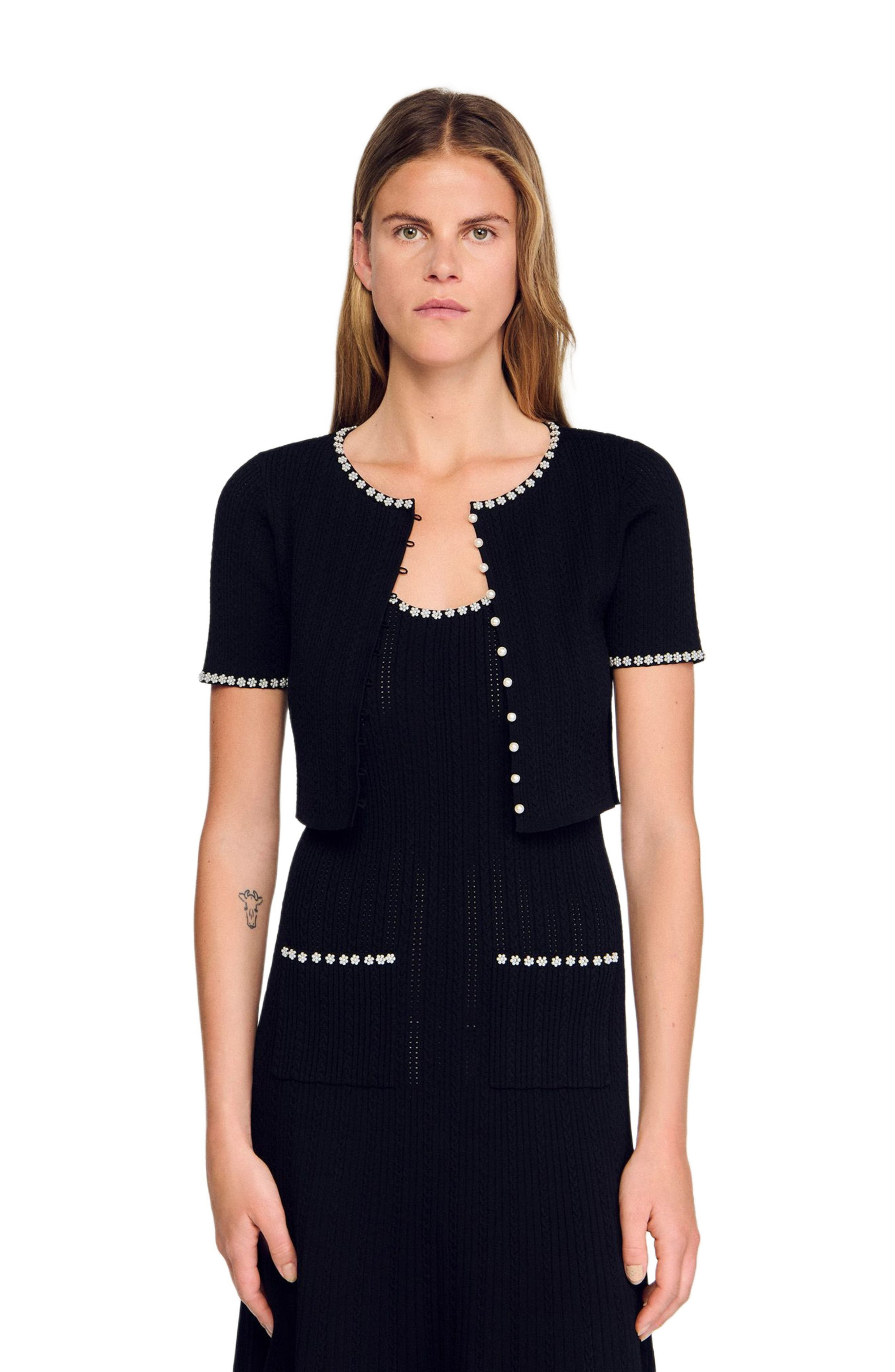SANDRO Cropped beaded cardigan in Black at Nordstrom - 4