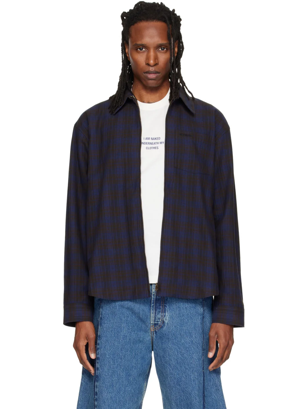 Blue Zip Up Flannel Shirt - 1