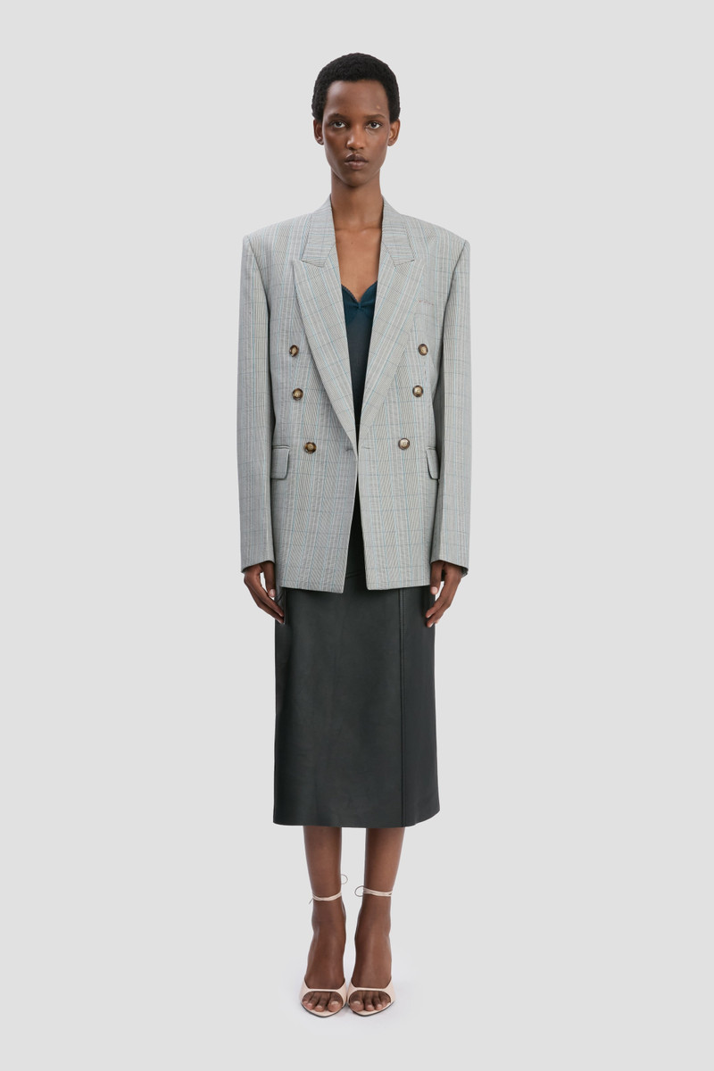 Victoria Beckham Double Breasted Tailored Jacket In Blue-Grey Check outlook