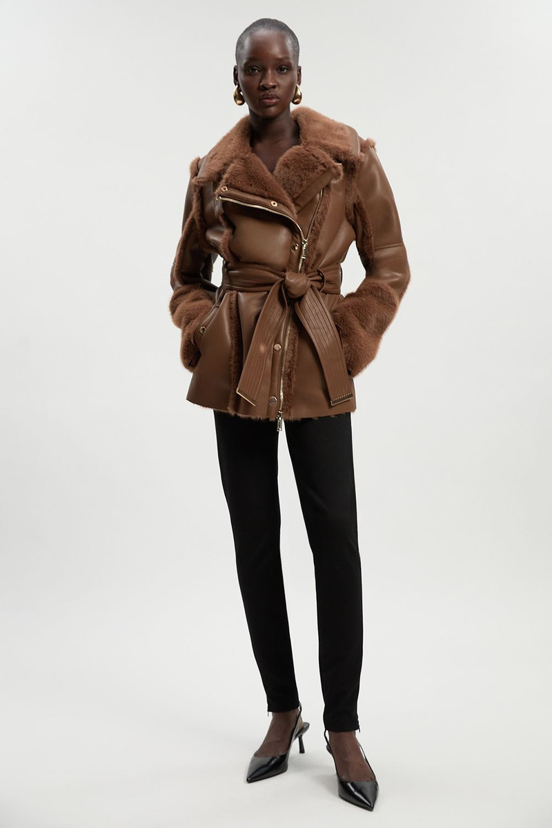 Faux Fur High Neck Belted Biker Coat 3