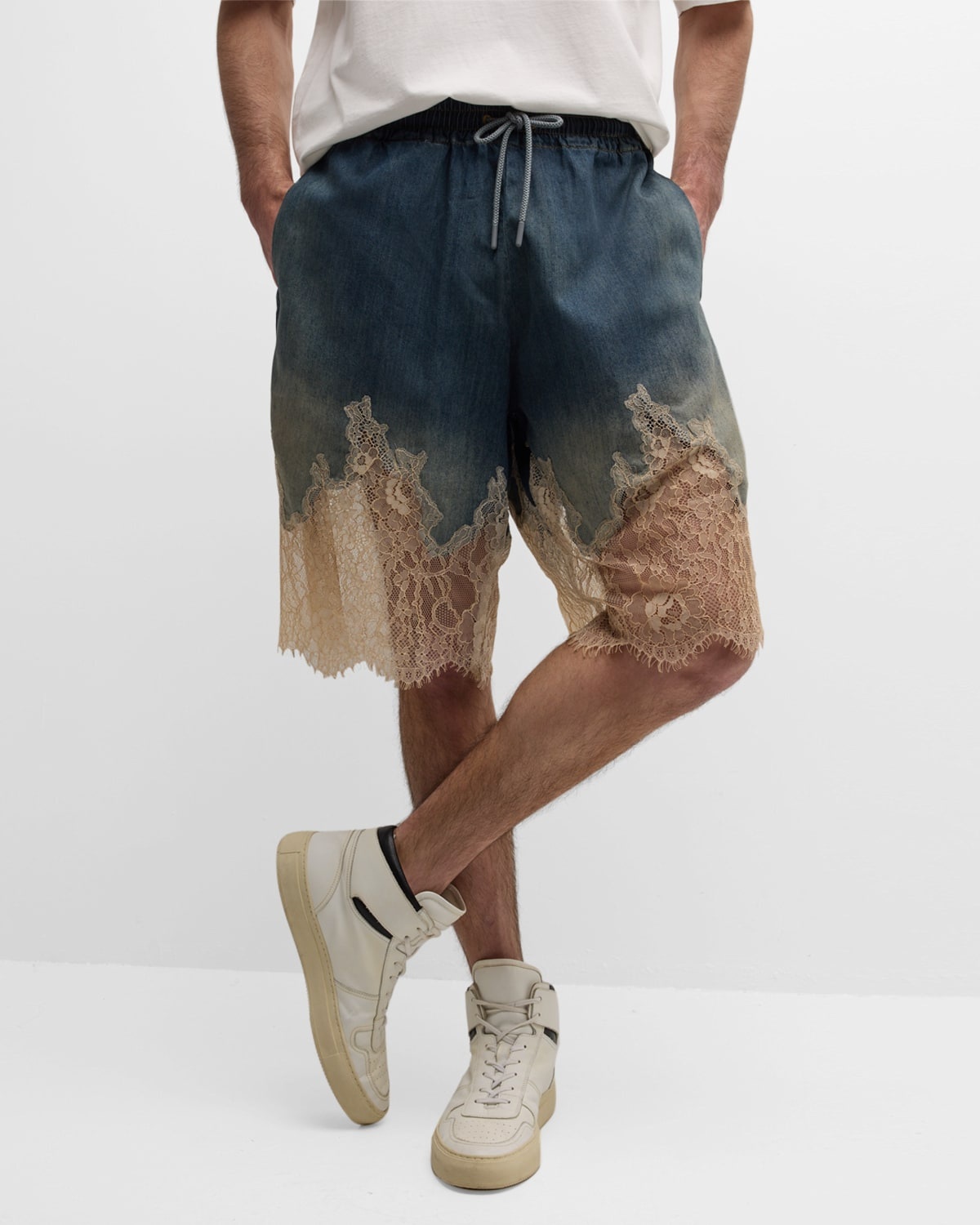 Men's Denim and Lace Drawstring Shorts - 6