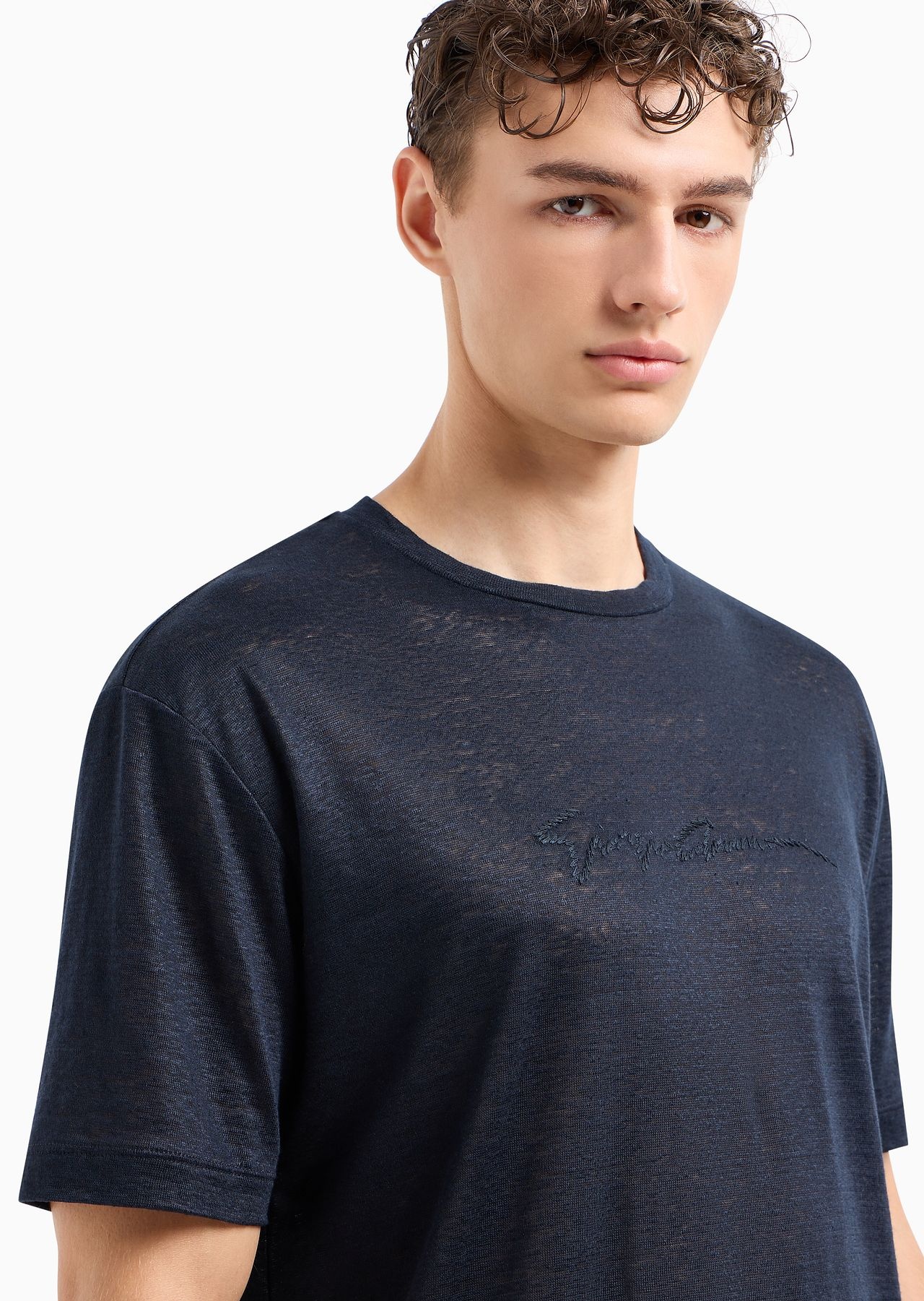 Linen jersey crew-neck T-shirt with signature logo - 5