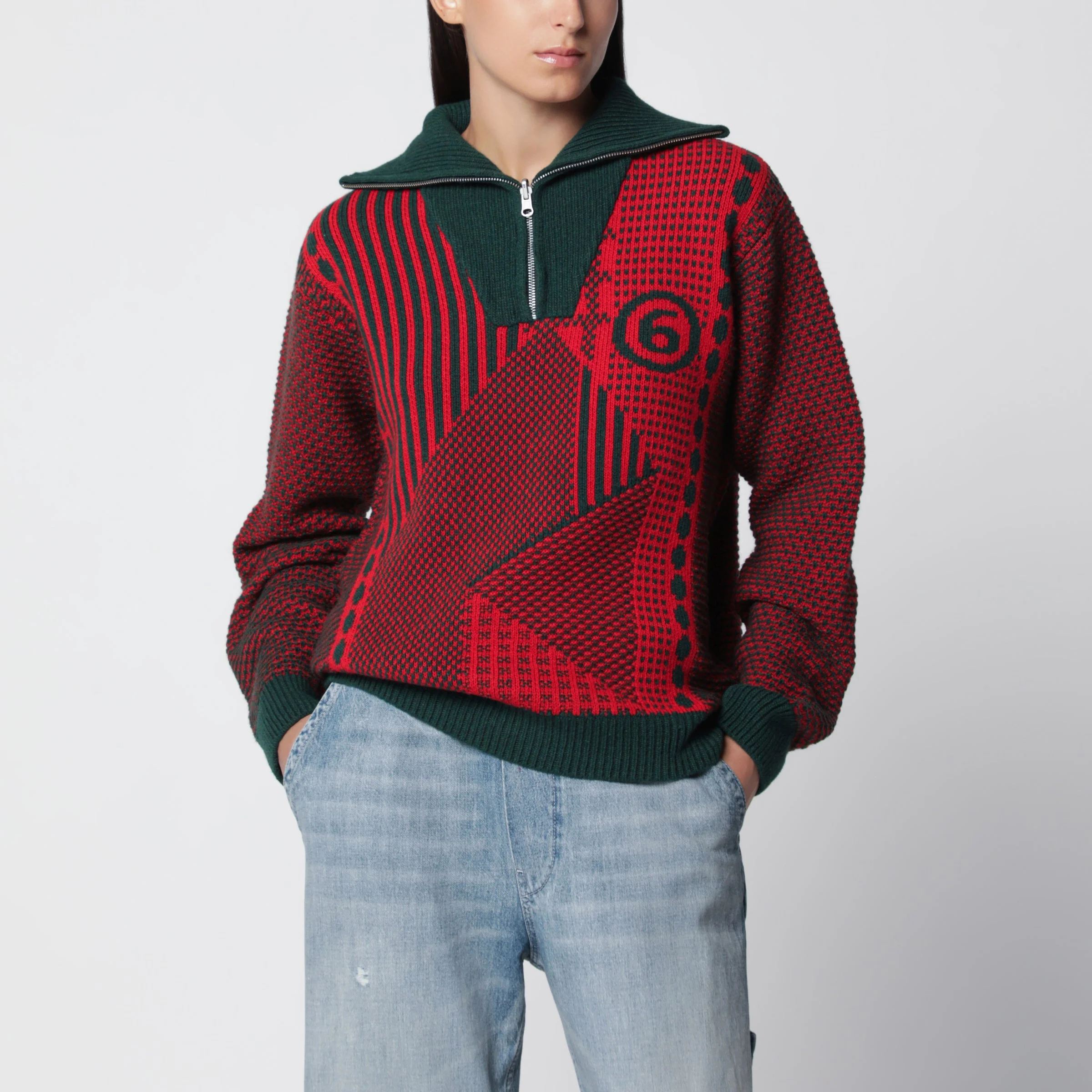 Red/forest green wool blend jacquard knit sweater - 1