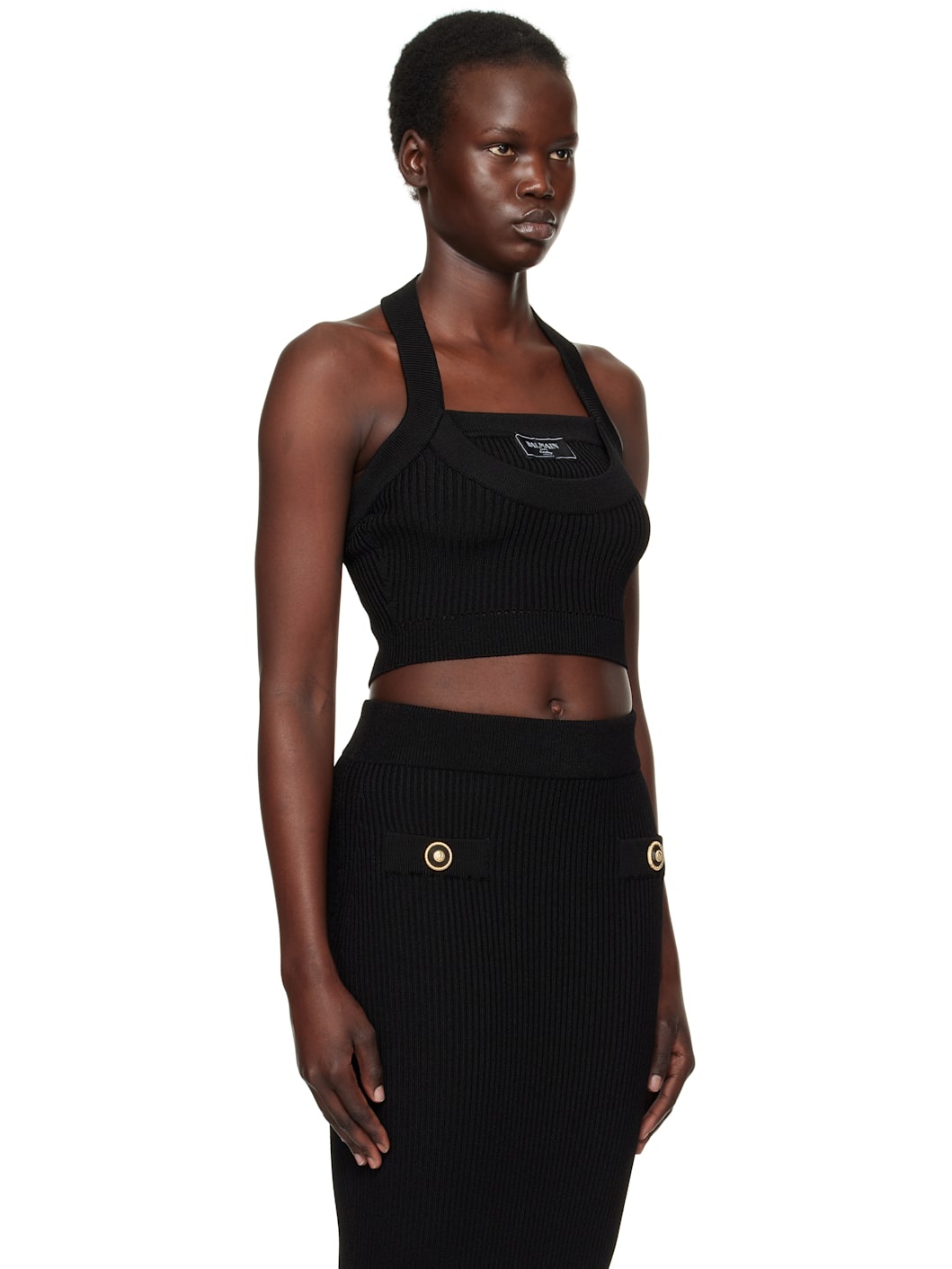 Black Ribbed Knit Halterneck Top - 2