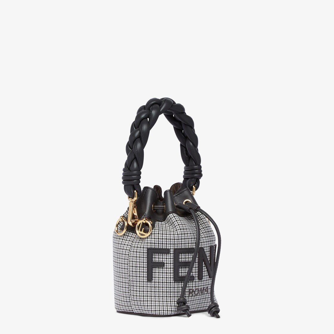 Small Mon Tresor bucket bag made of gray houndstooth wool with FENDI ROMA lettering and black leathe - 2