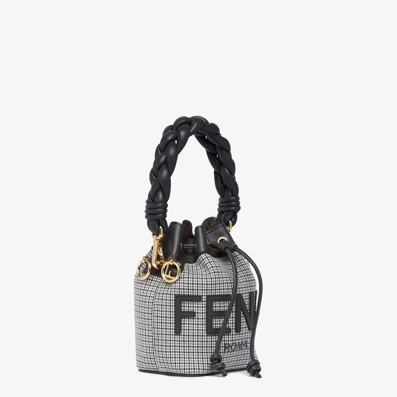 FENDI Small Mon Tresor bucket bag made of gray houndstooth wool with FENDI ROMA lettering and black leathe outlook