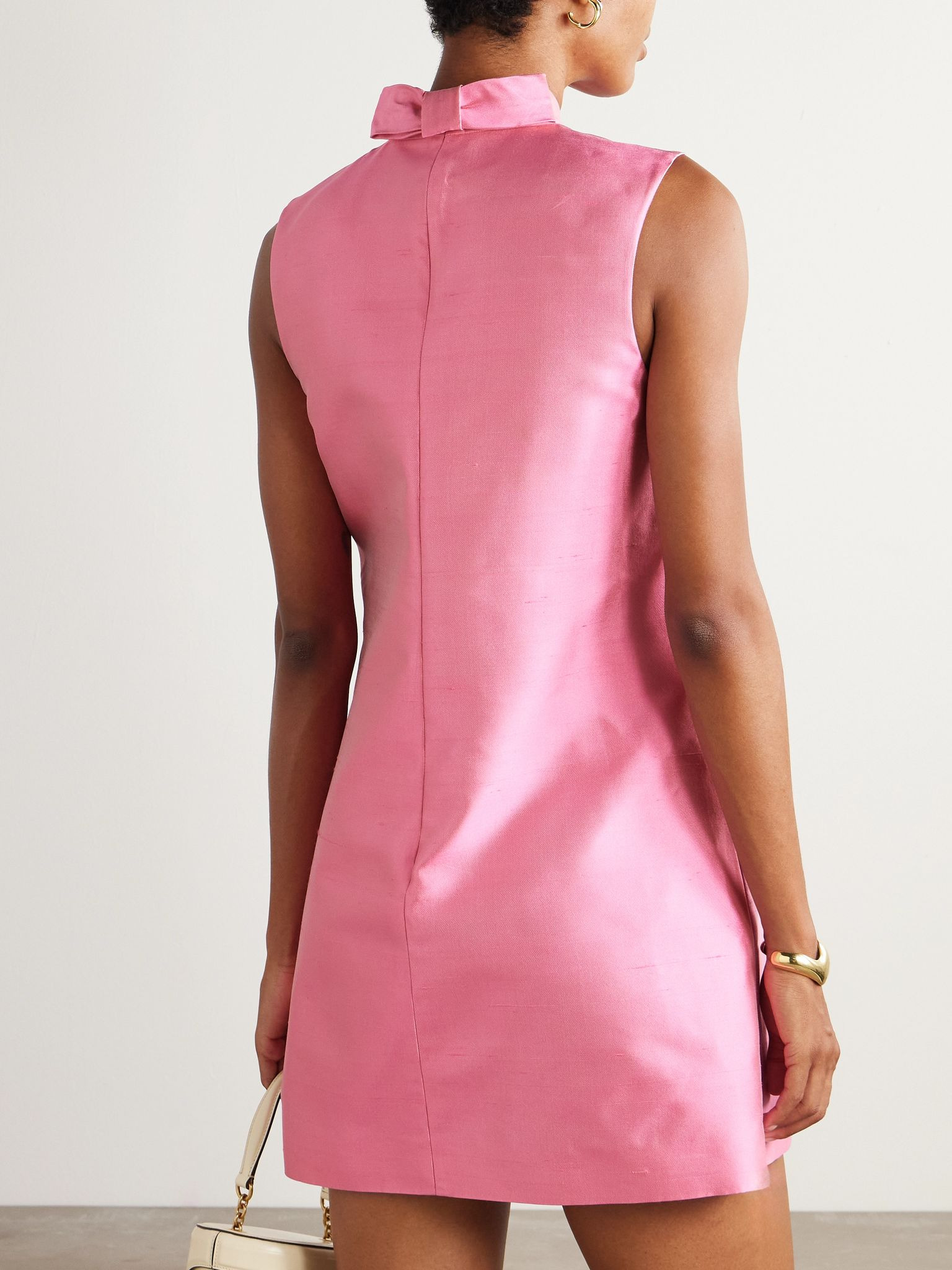 Bow-detailed silk-twill mini dress Pink - 3
