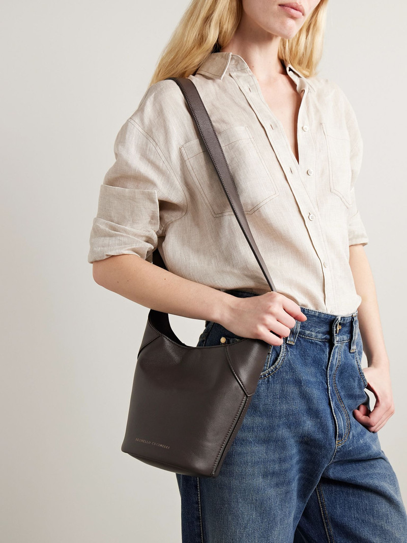 Brunello Cucinelli Bead-embellished leather shoulder bag Dark brown outlook