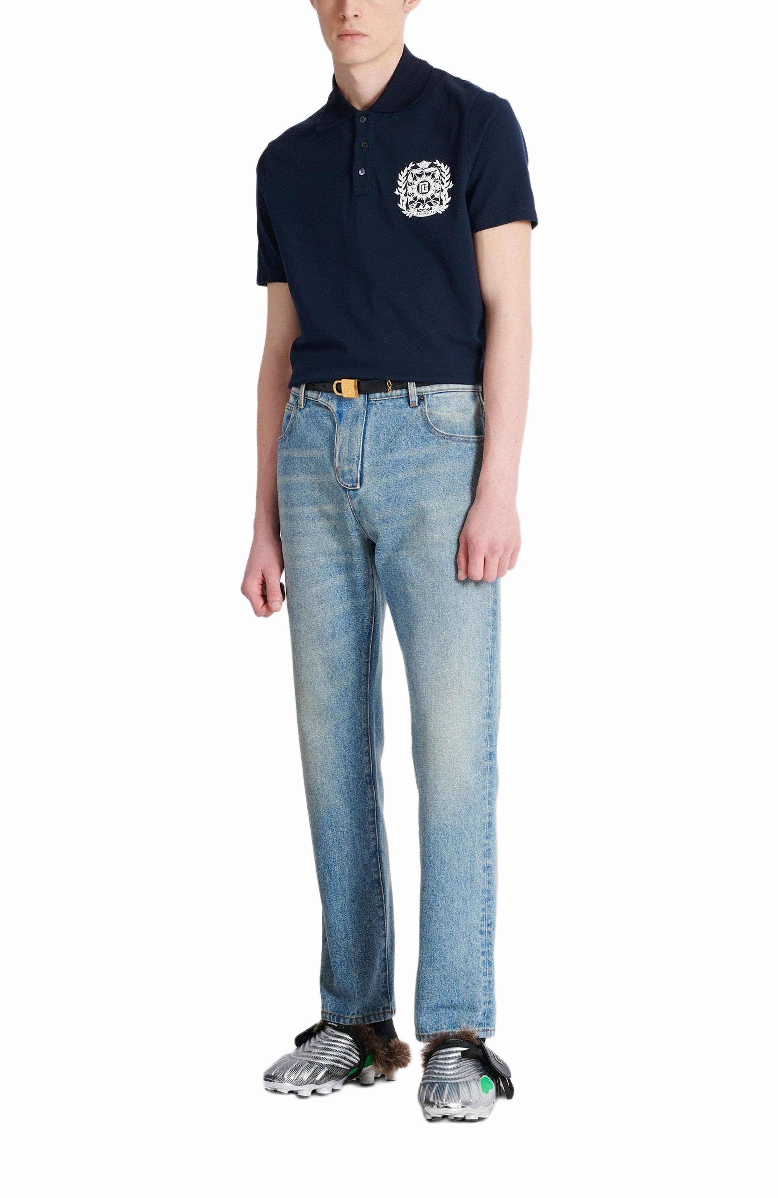Balmain Cotton polo shirt with Écusson print in Navy at Nordstrom - 3