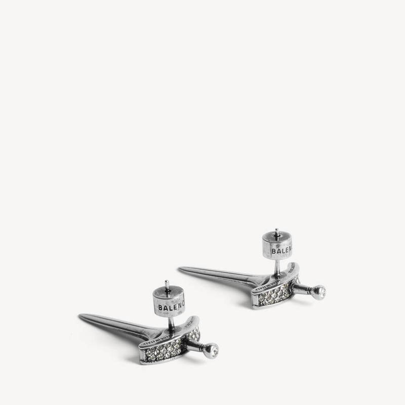 BALENCIAGA Men's Goth Stud Earrings in Antique Silver/crystal outlook