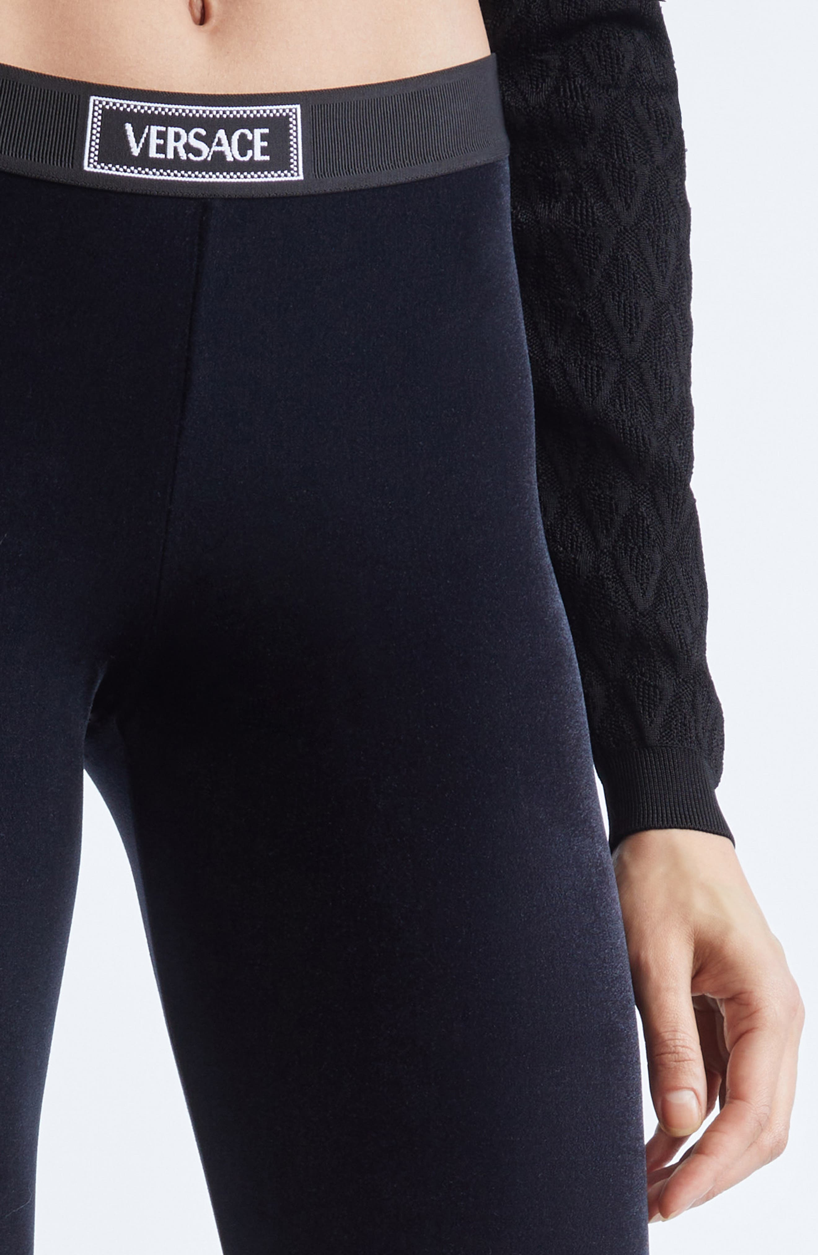Versace Logo Velvet Leggings in Black at Nordstrom - 5