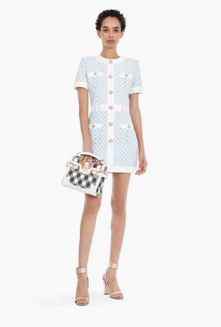 Short blue and white gingham-print cotton dress - 2