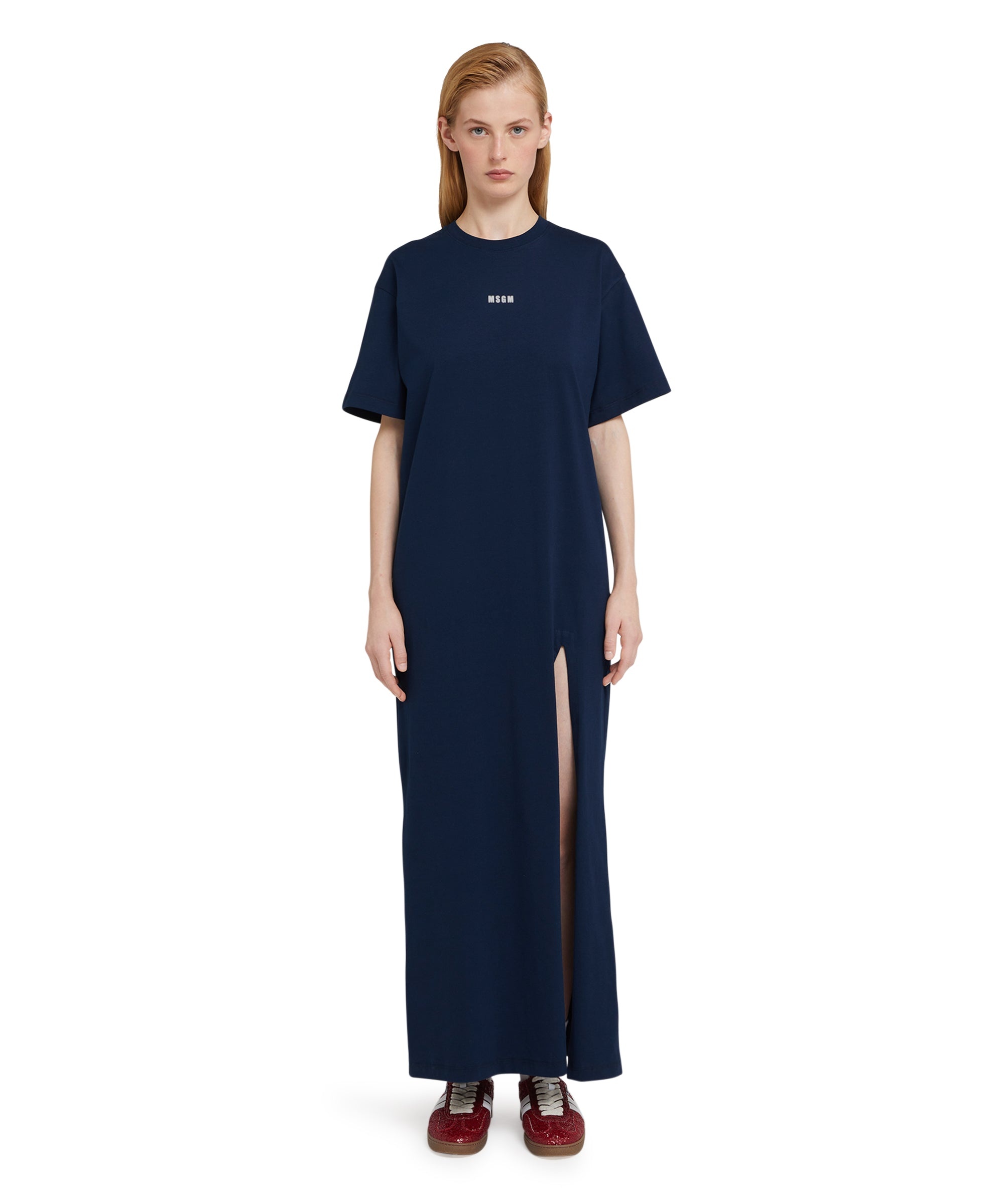Long cotton dress with side slit and logo - 2