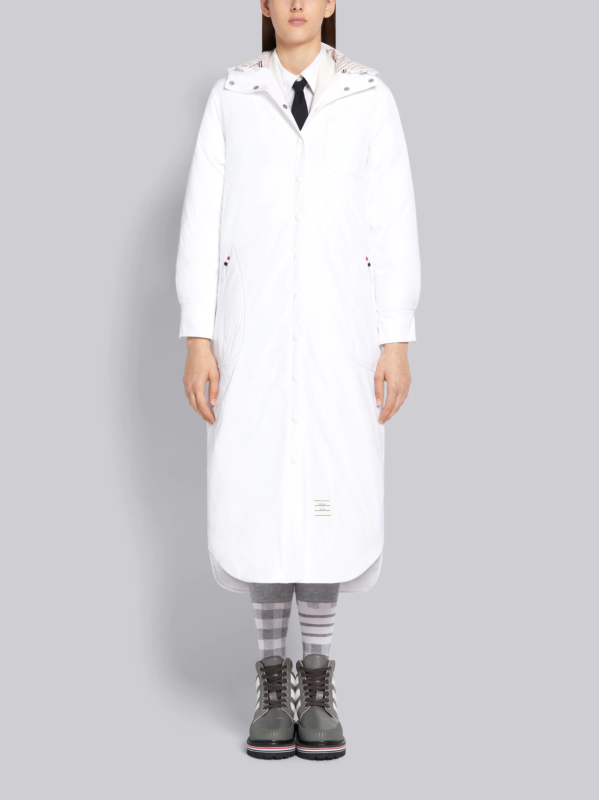 White Tech Down Filled Poly Twill Hooded Shirtdress - 1