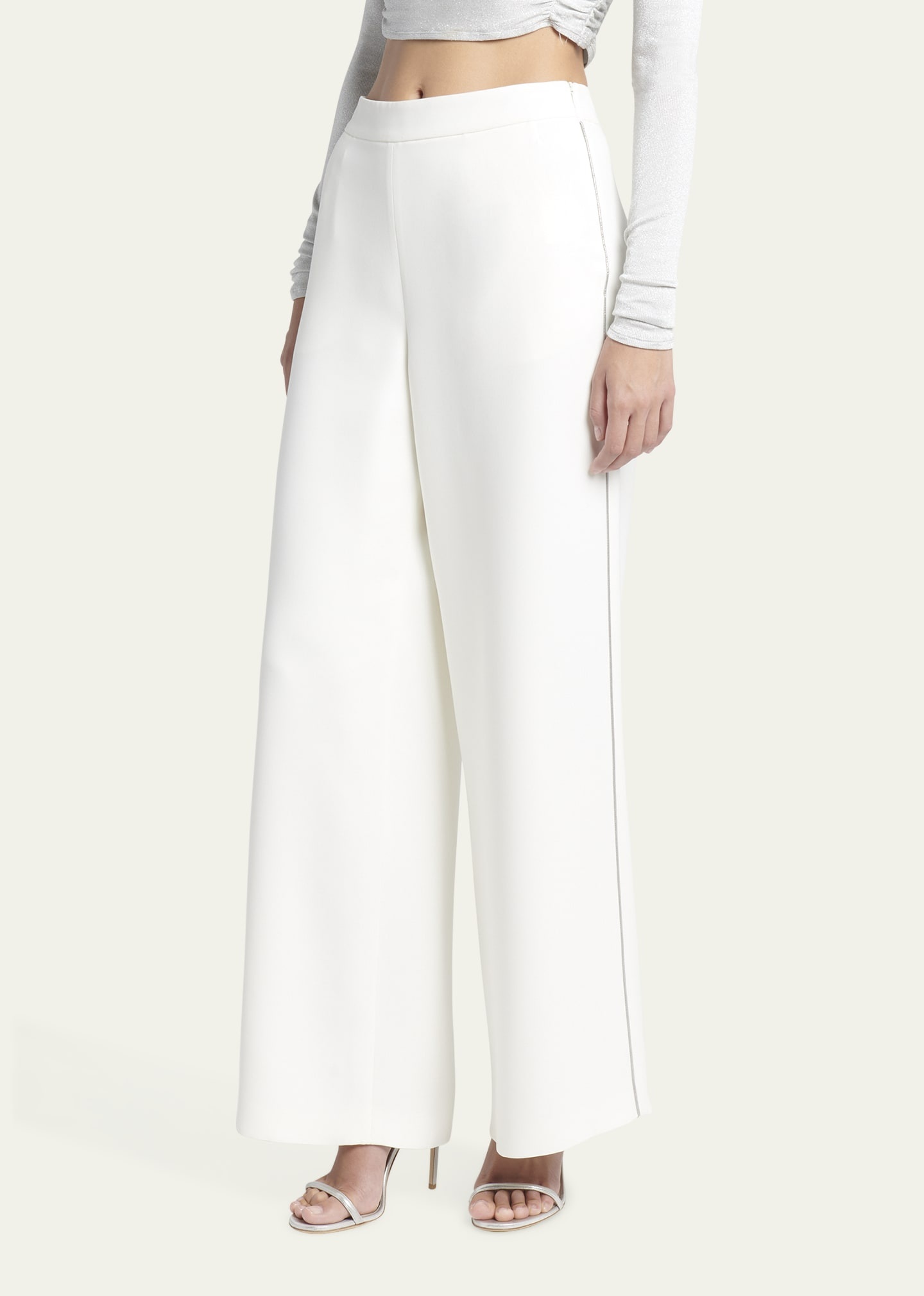 Side Piping Wide-Leg Silk Trousers - 4