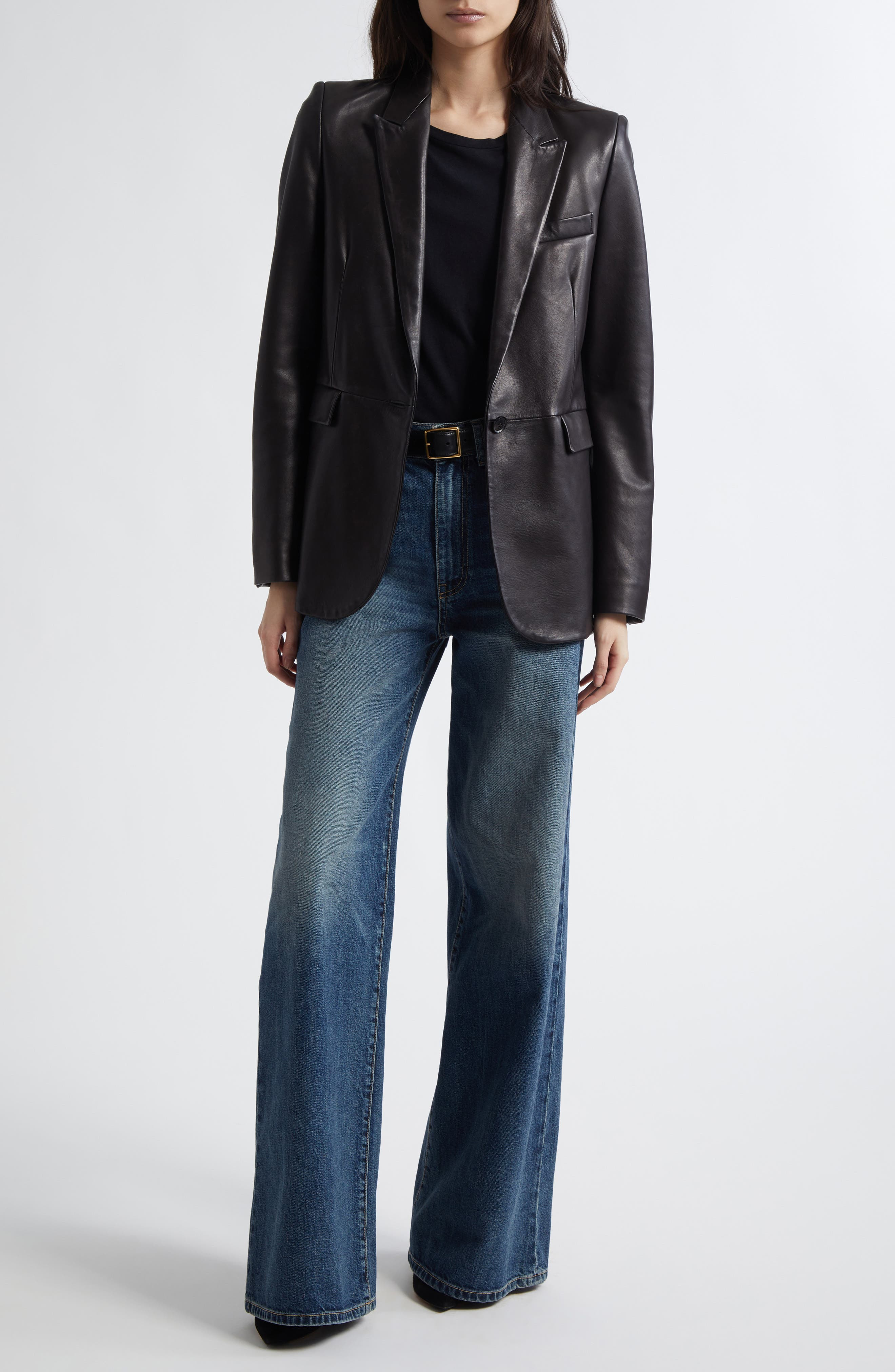 Nili Lotan Belmonde One-Button Lambskin Leather Blazer in Black at Nordstrom - 2