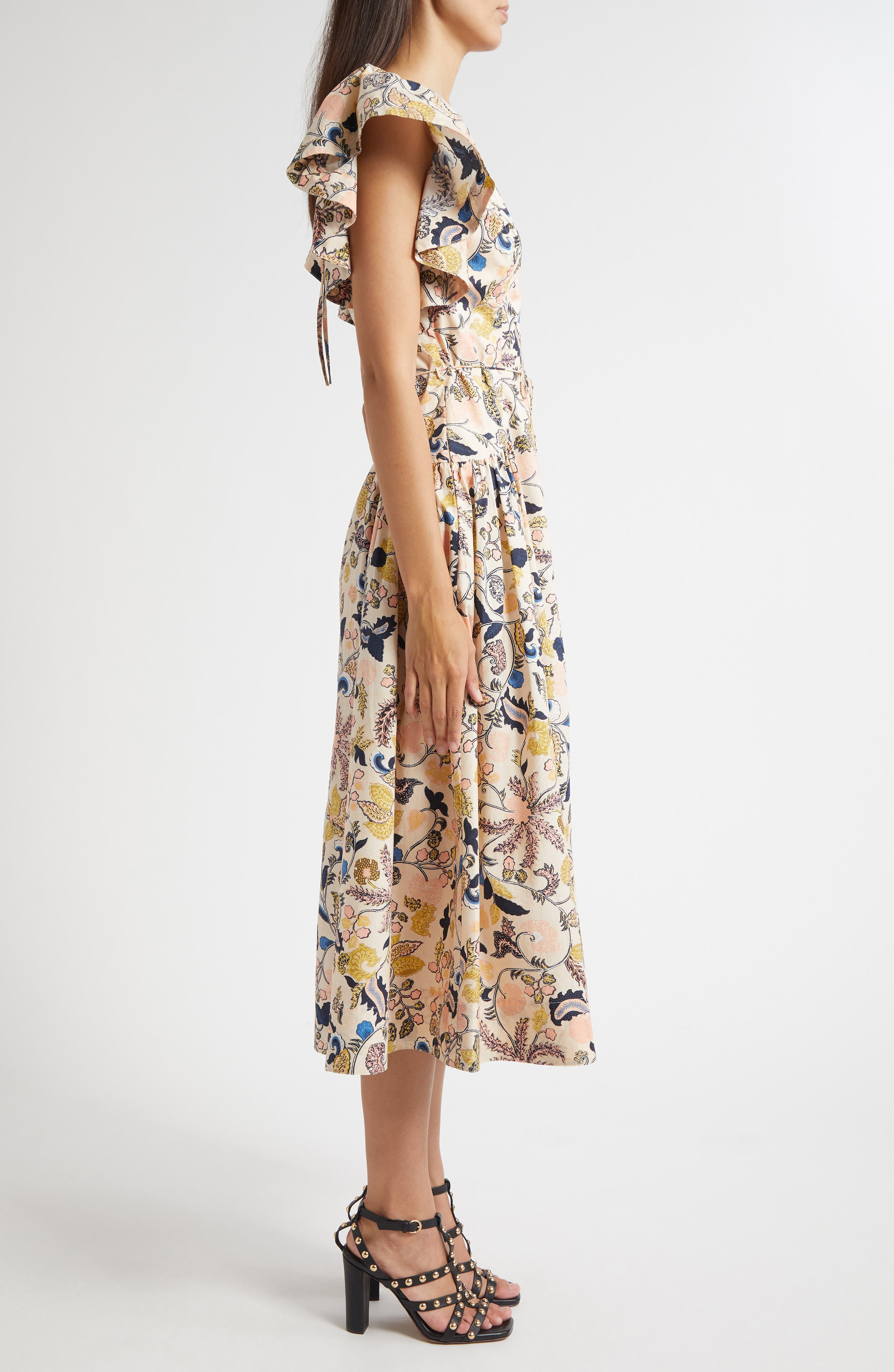 Ulla Johnson Darya Paisley Floral Flutter Sleeve Cotton Dress in Magnolia at Nordstrom - 3