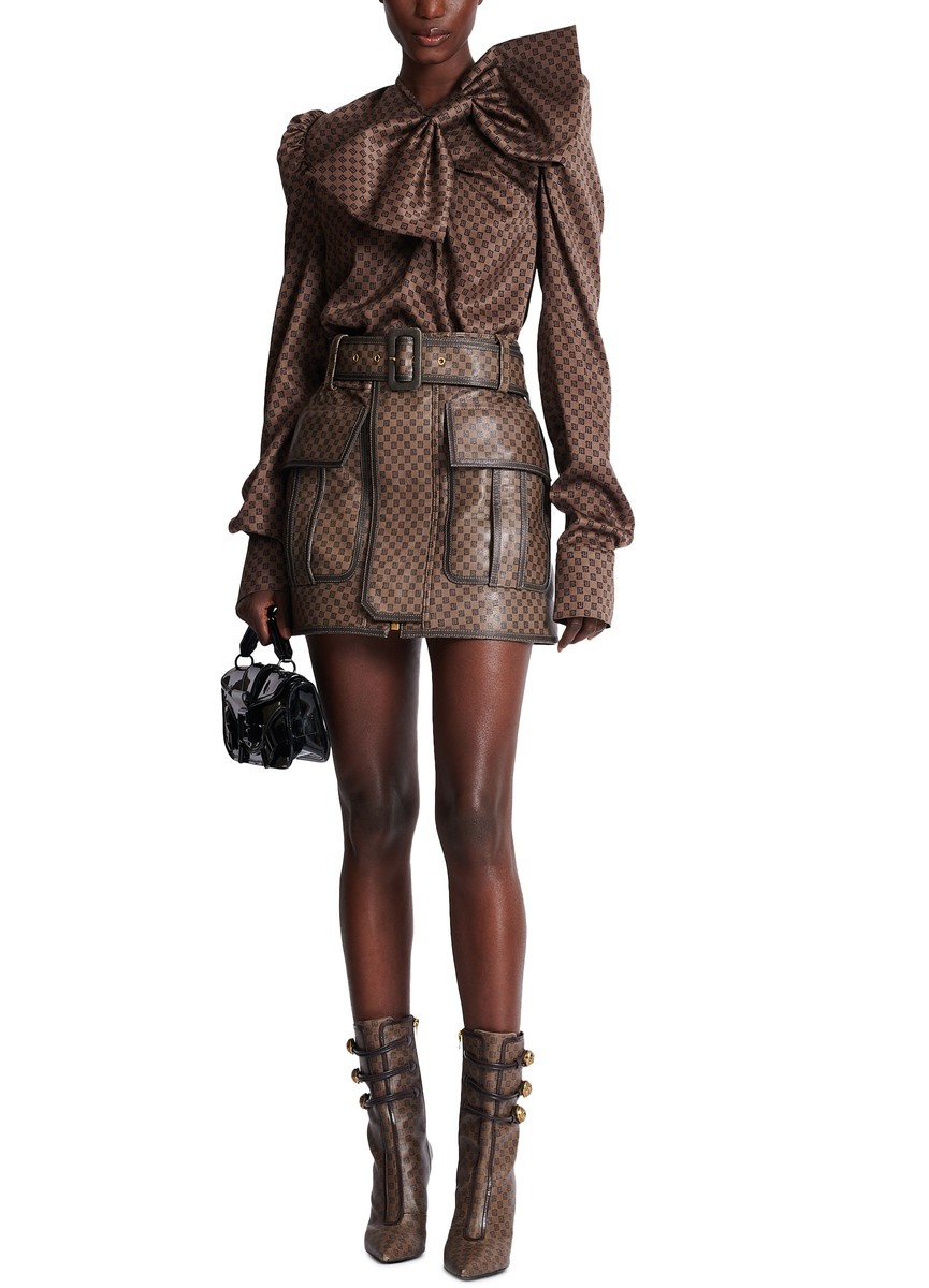 Short Leather Skirt With Mini Monogram Print - 6