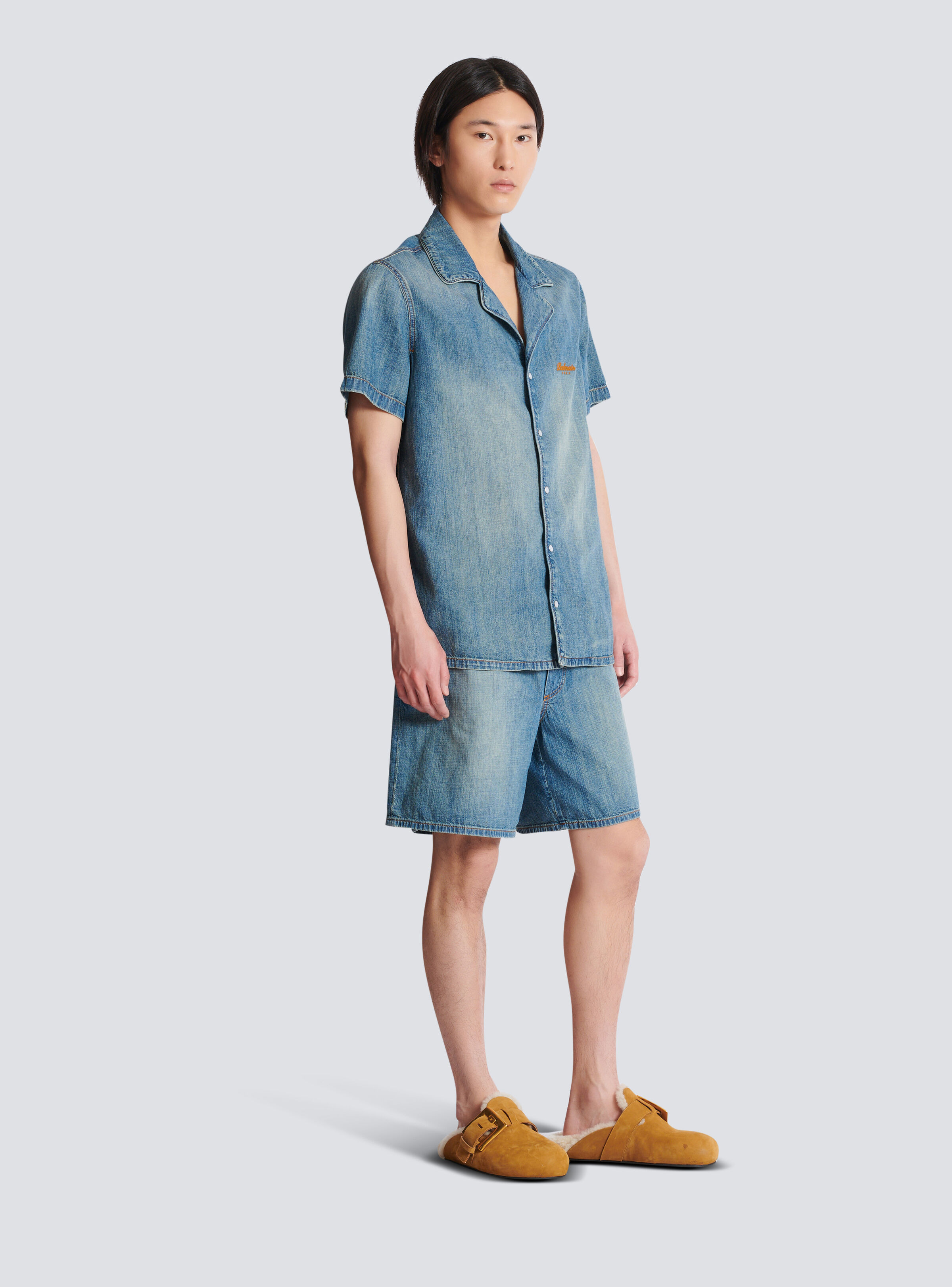 Short-sleeved pyjama shirt in faded denim - 3