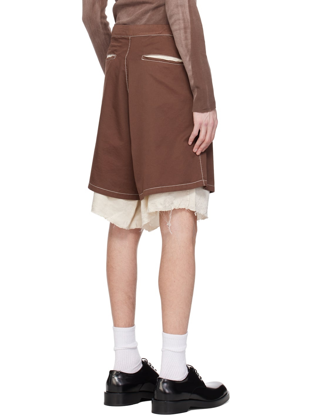 Brown Drill Satin Exploded Piece Dyed Shorts - 3