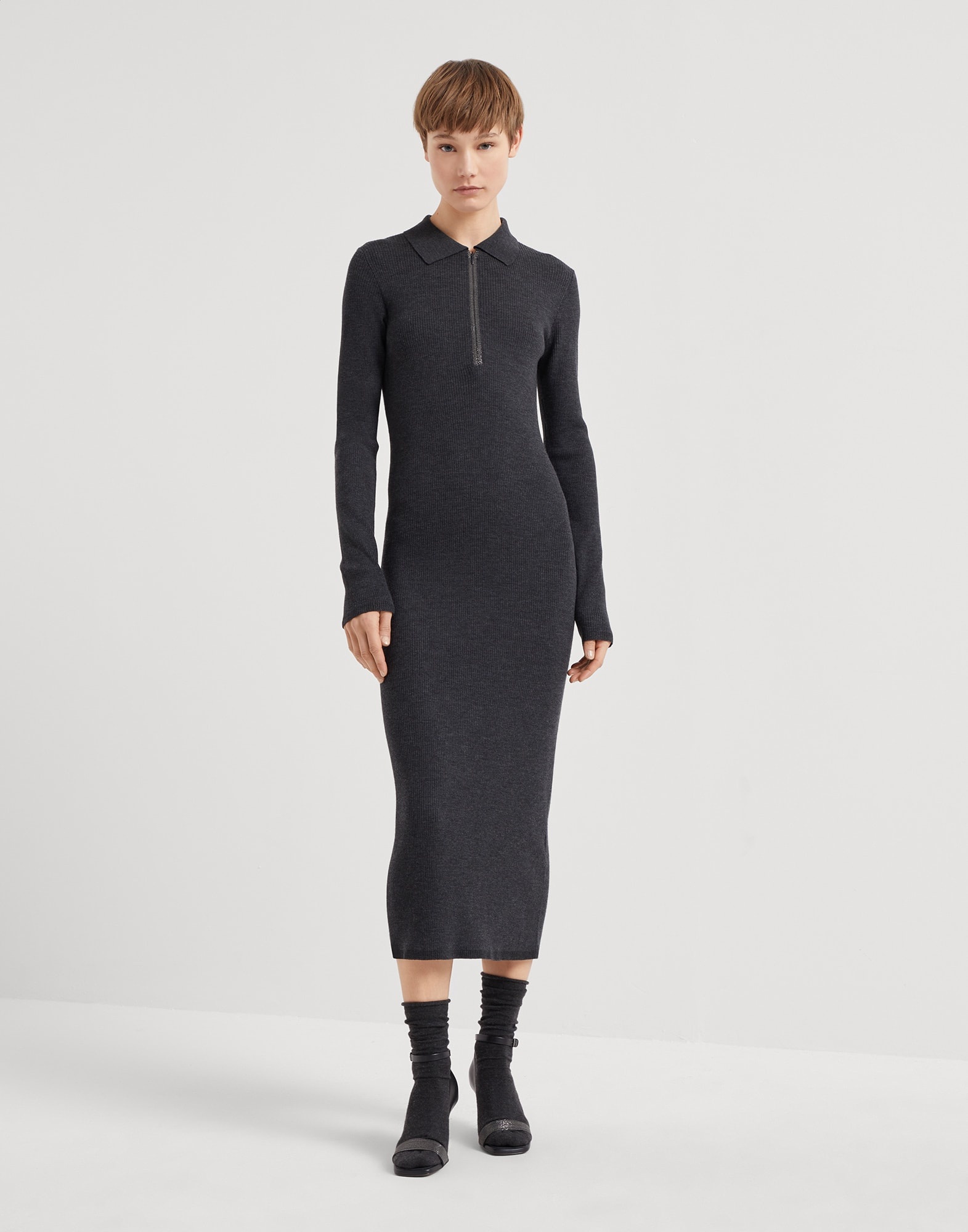 Virgin wool and cashmere lightweight rib knit dress with precious zip - 1