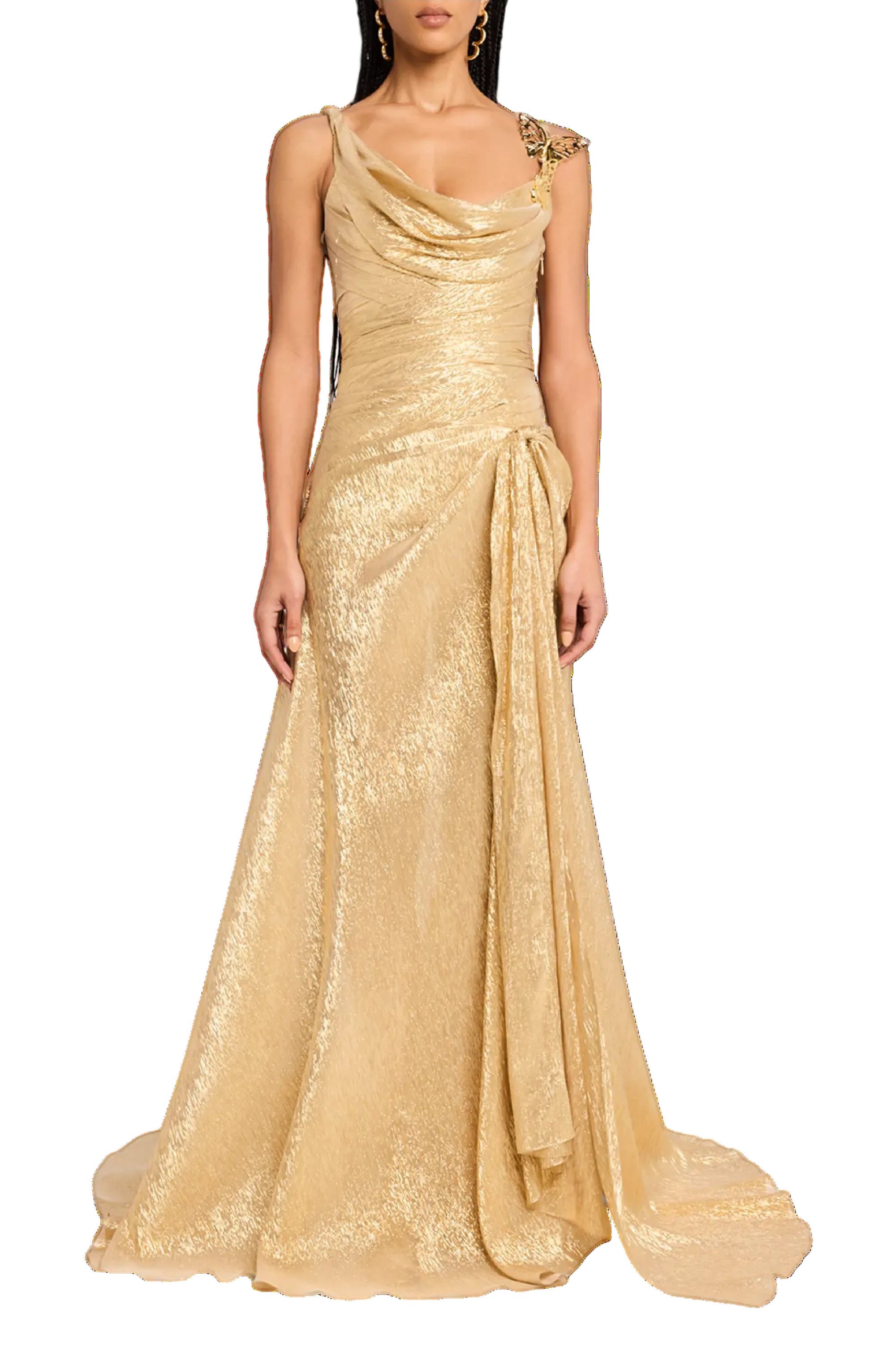 BUTTERFLY COWL-NECK LAME GOWN WITH SLIT - 2