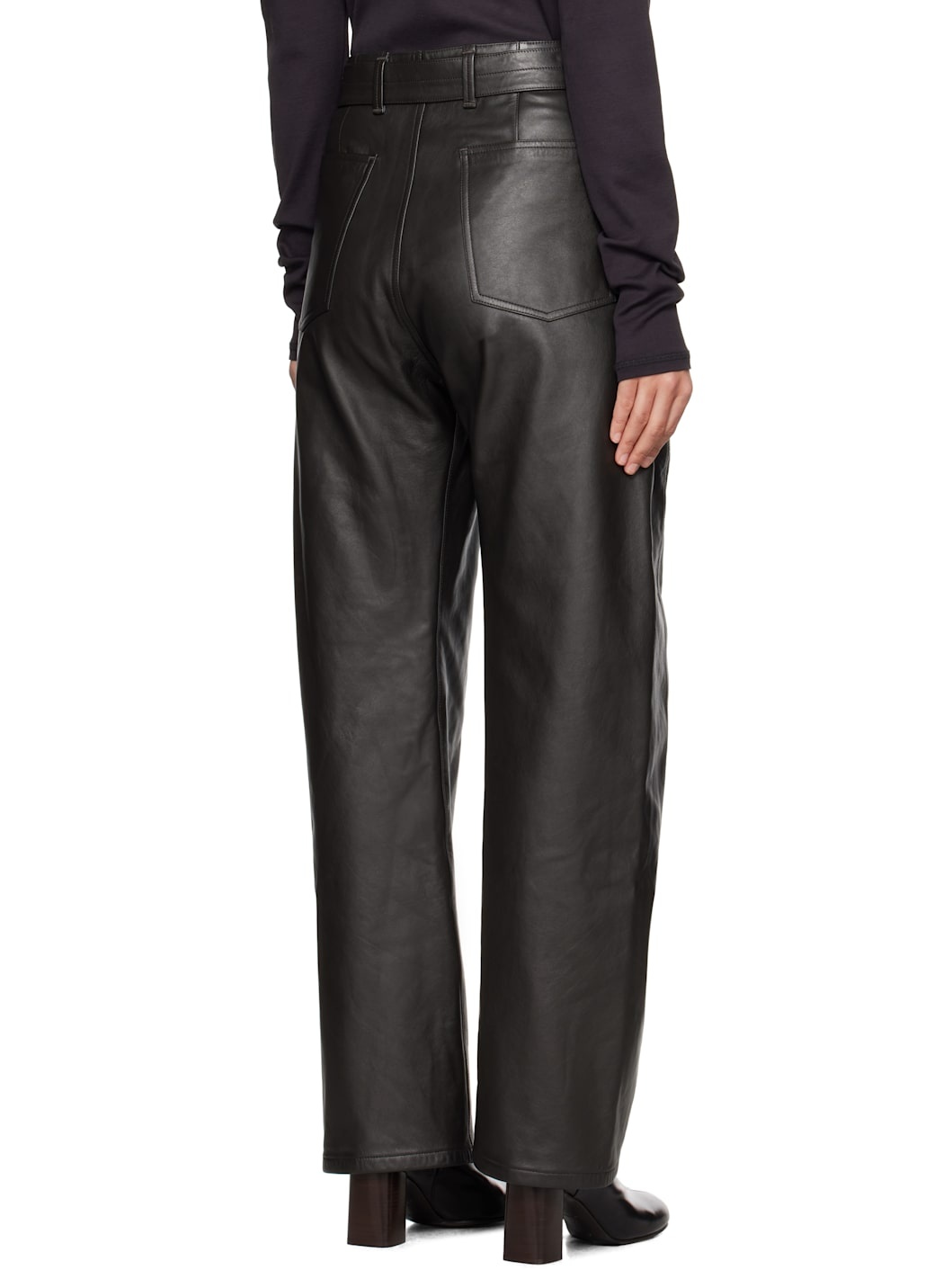 Black Twisted Belted Leather Pants - 3