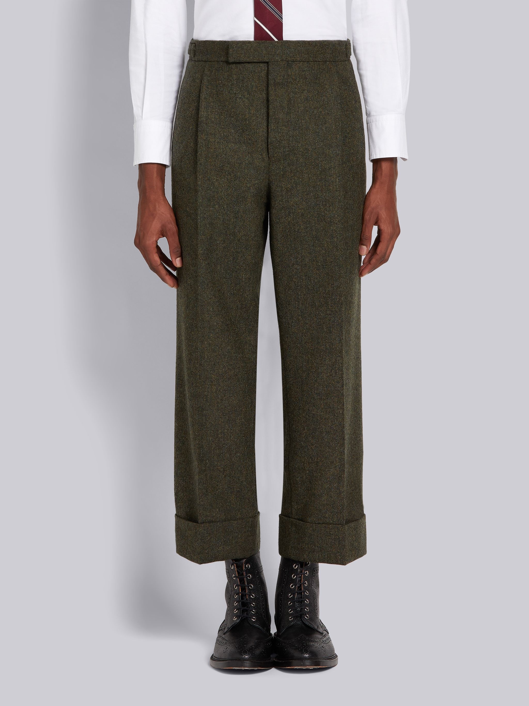 Green Donegal Tweed Single Pleat Classic Rise Side Tab Trouser - 1