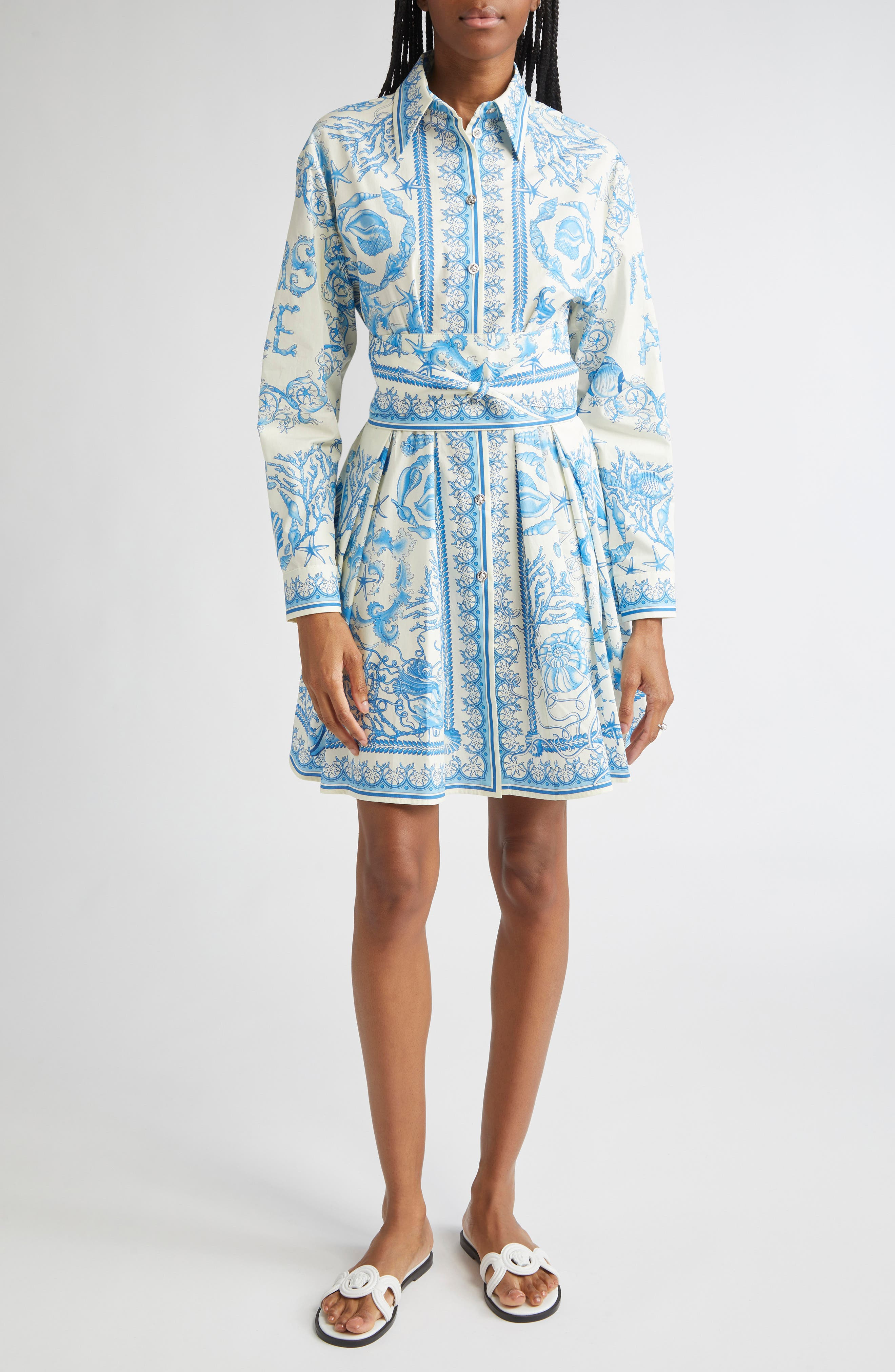 Versace Underwater Barocco Long Sleeve Cotton Poplin Shirtdress in Eggshell Bright Dv Blue at Nordst - 1