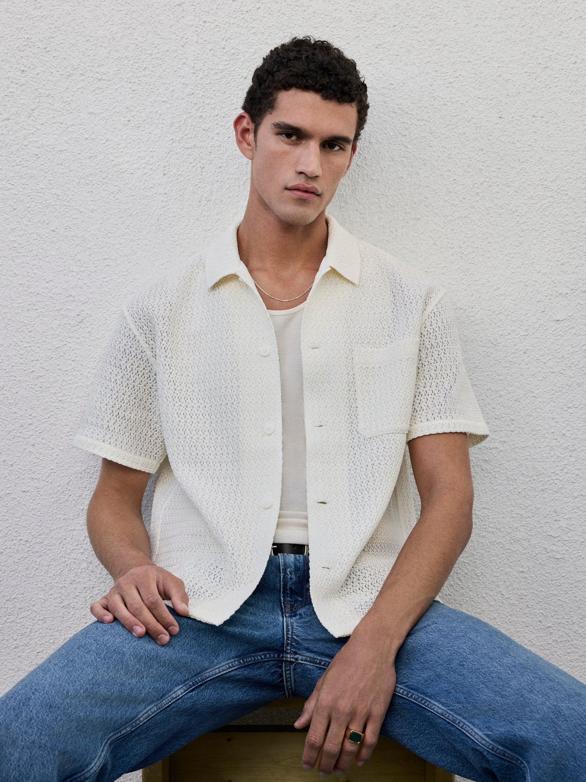 Open Weave Short Sleeve Shirt in Cream - 2