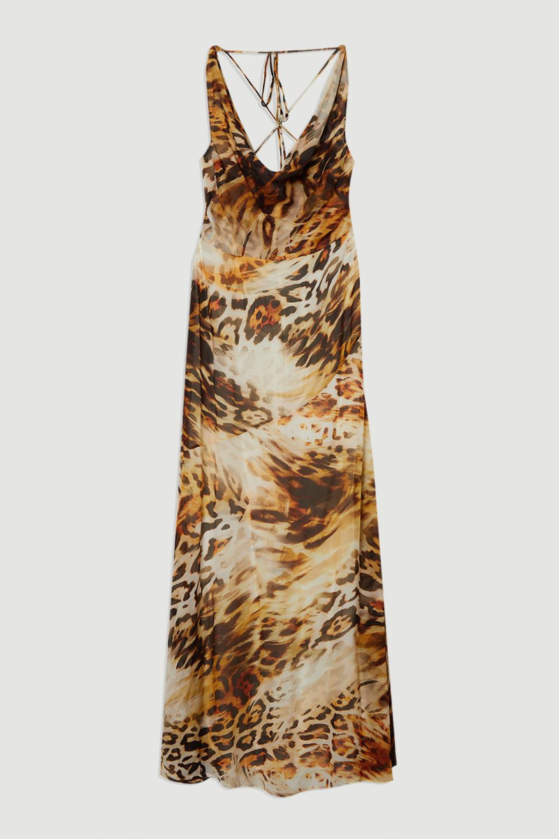 Sheer Viscose Georgette Sketchy Animal Deep V Woven Halter Neck Dress 4