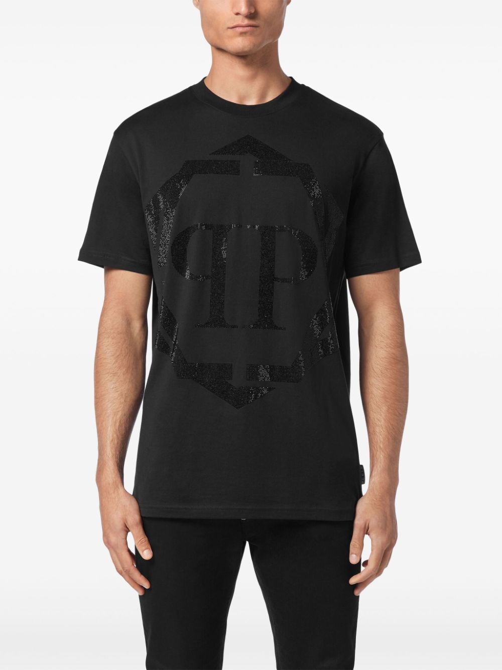 rhinestone-logo cotton t-shirt - 3
