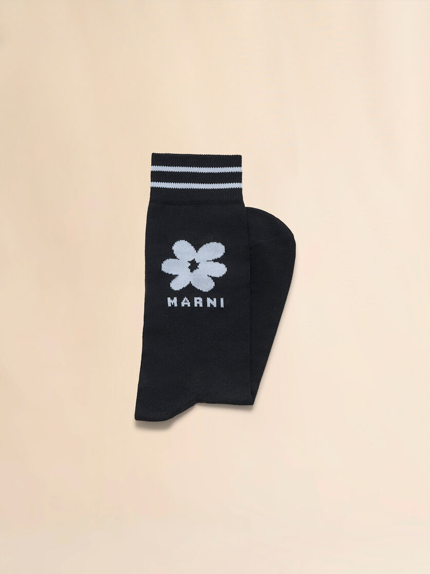 BLACK COTTON SOCKS WITH LIGHT BLUE JACQUARD FLOWER DETAIL - 2