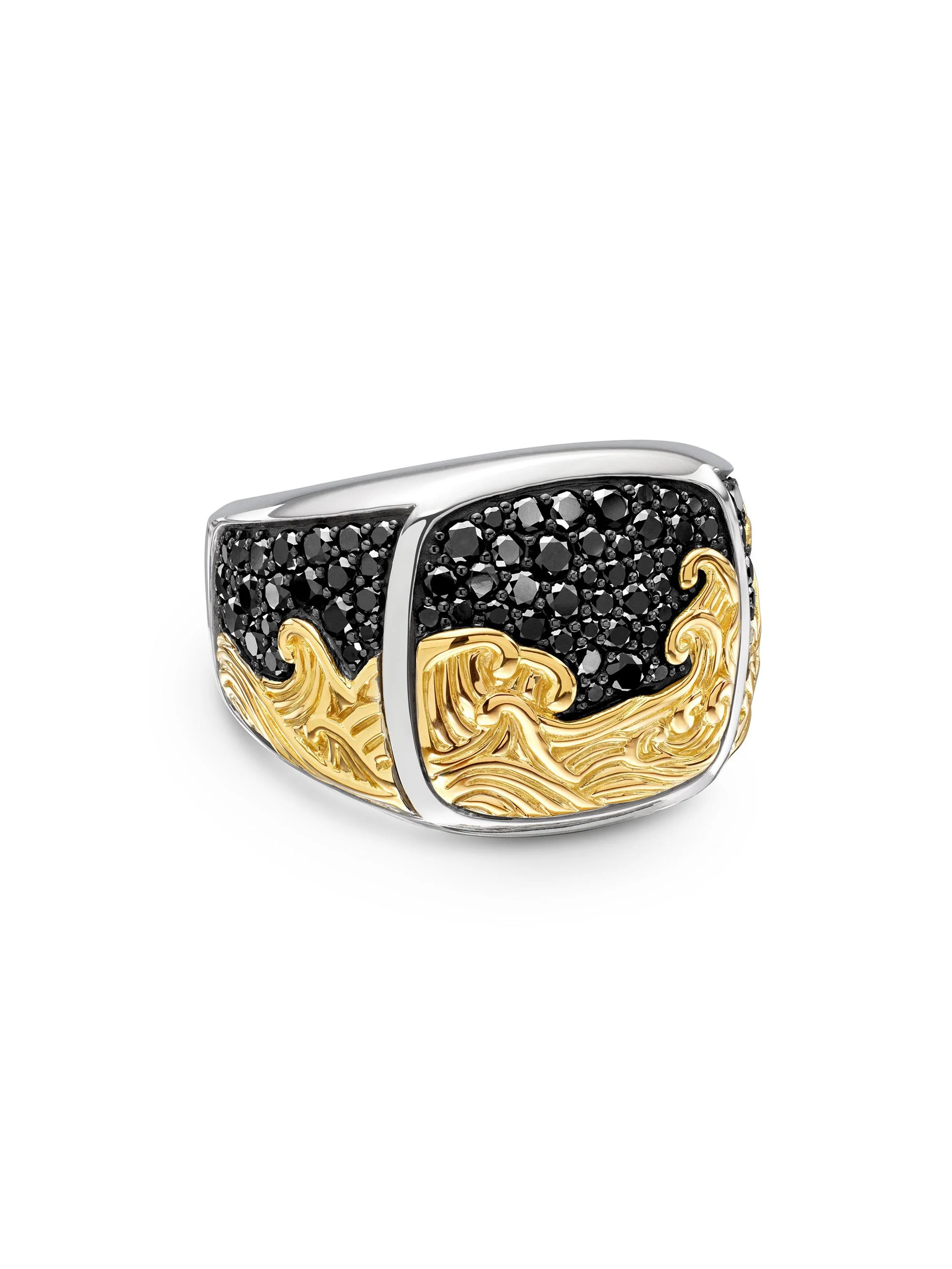 Men's Waves Signet Ring in Sterling Silver - Black Diamond - 1