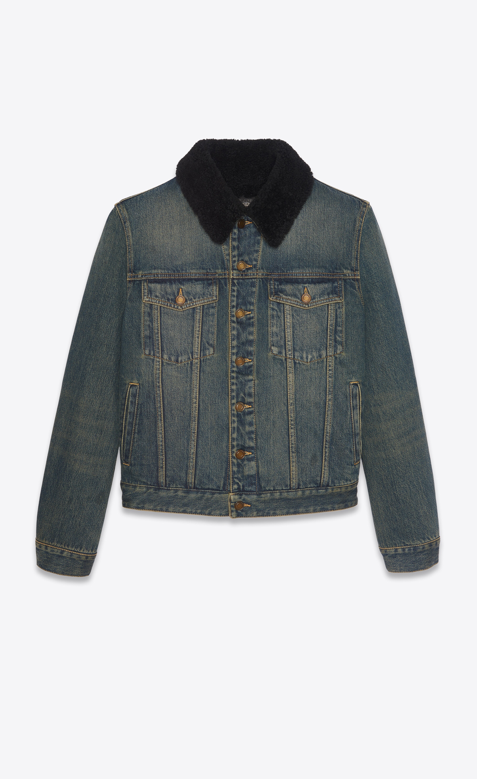 jacket with shearling in dark dirty vintage blue denim - 1