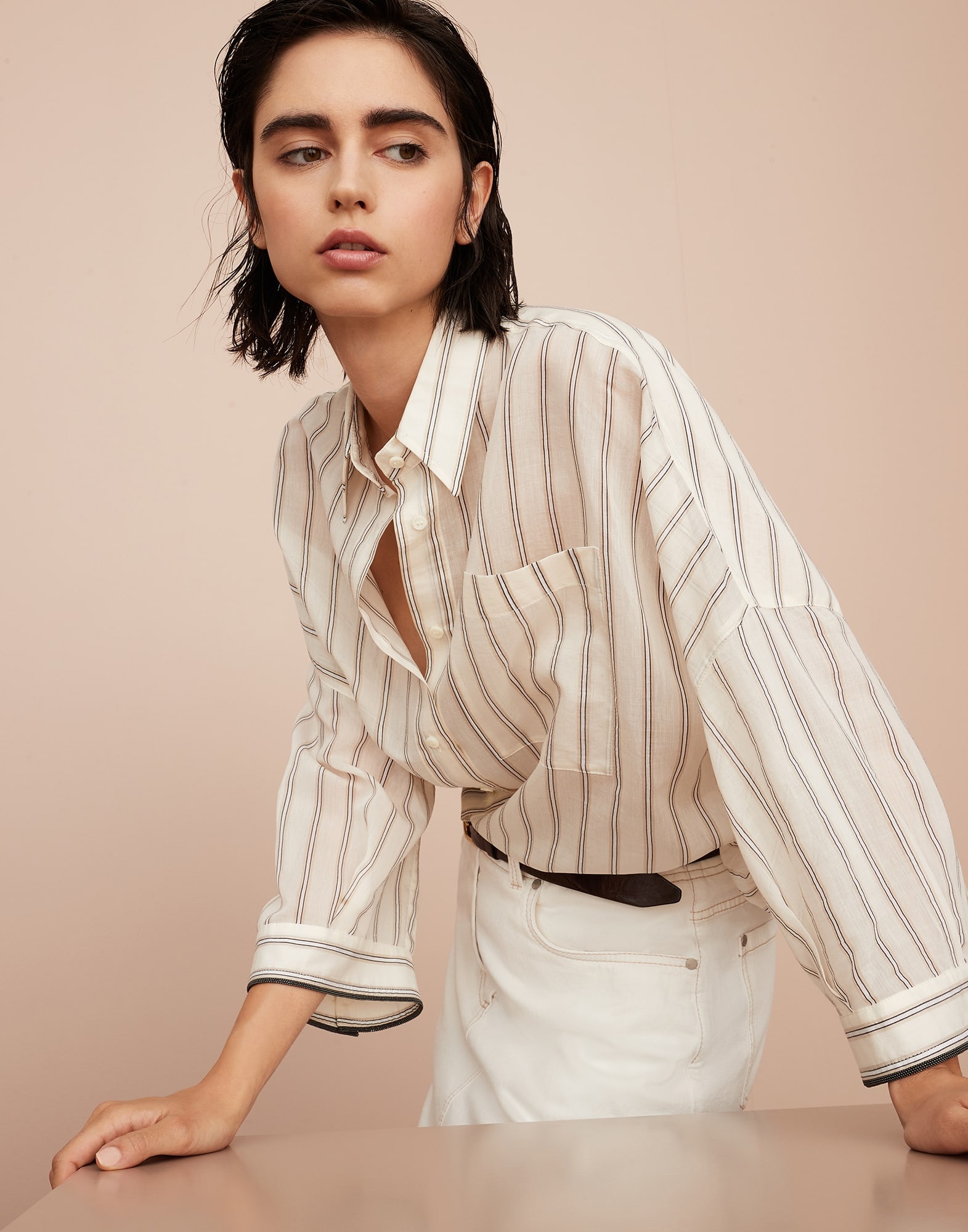 Cotton and silk striped poplin shirt with shiny cuff details - 4