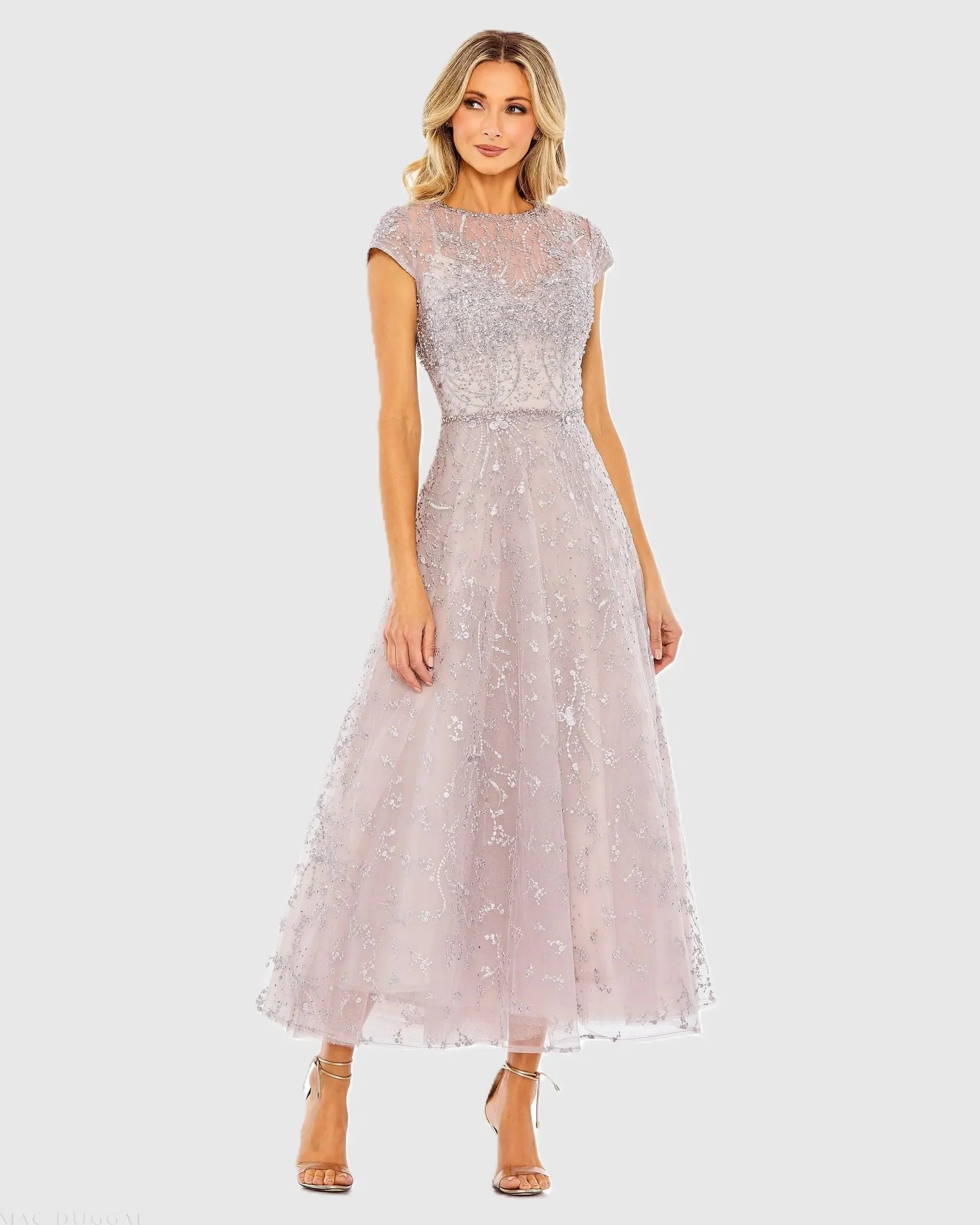 Purple Embellished High Neck Cap Sleeve A Line Dress - 1