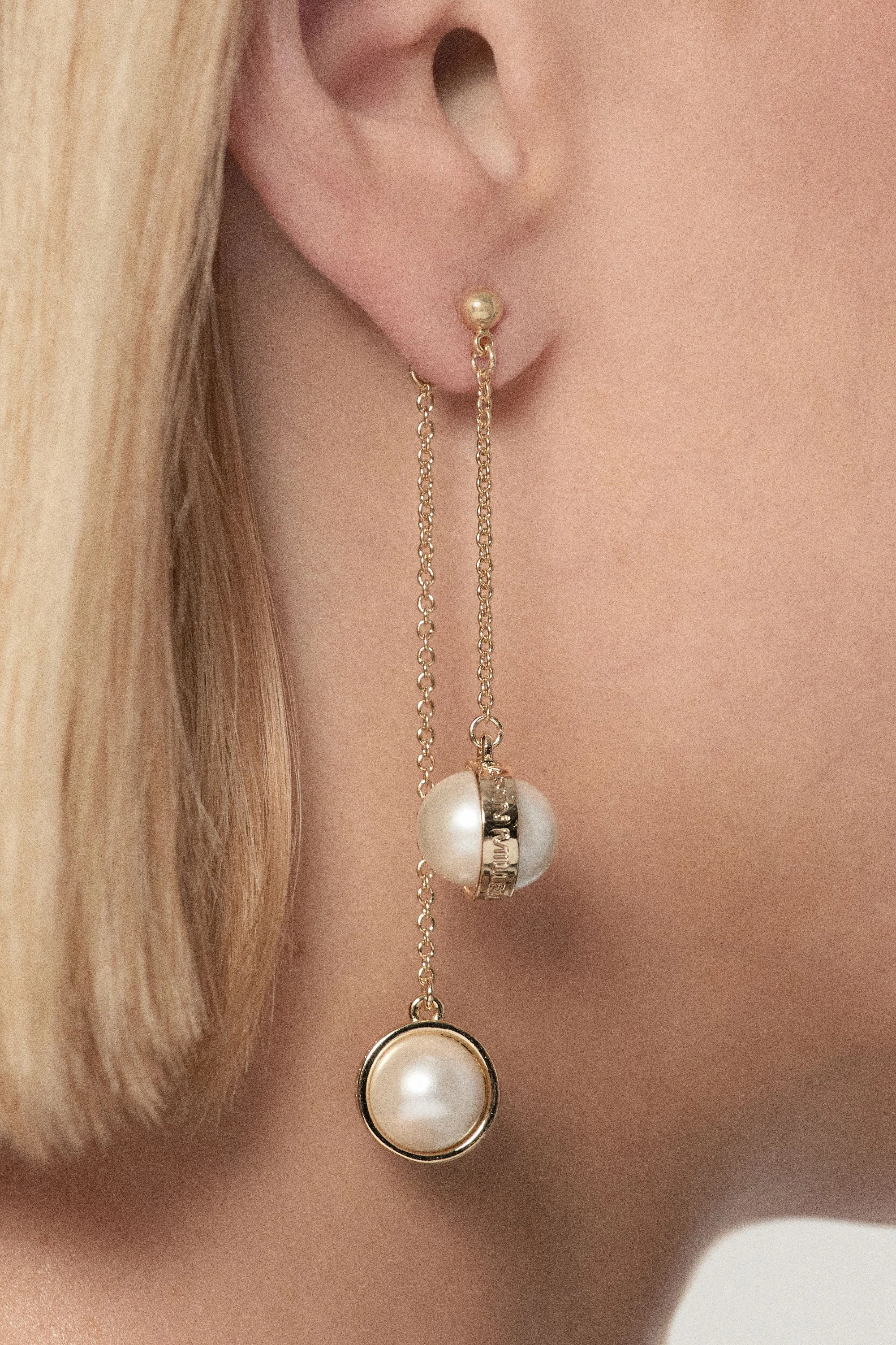 14k Gold Plated Logo Pearl Double Drop Earrings - 1