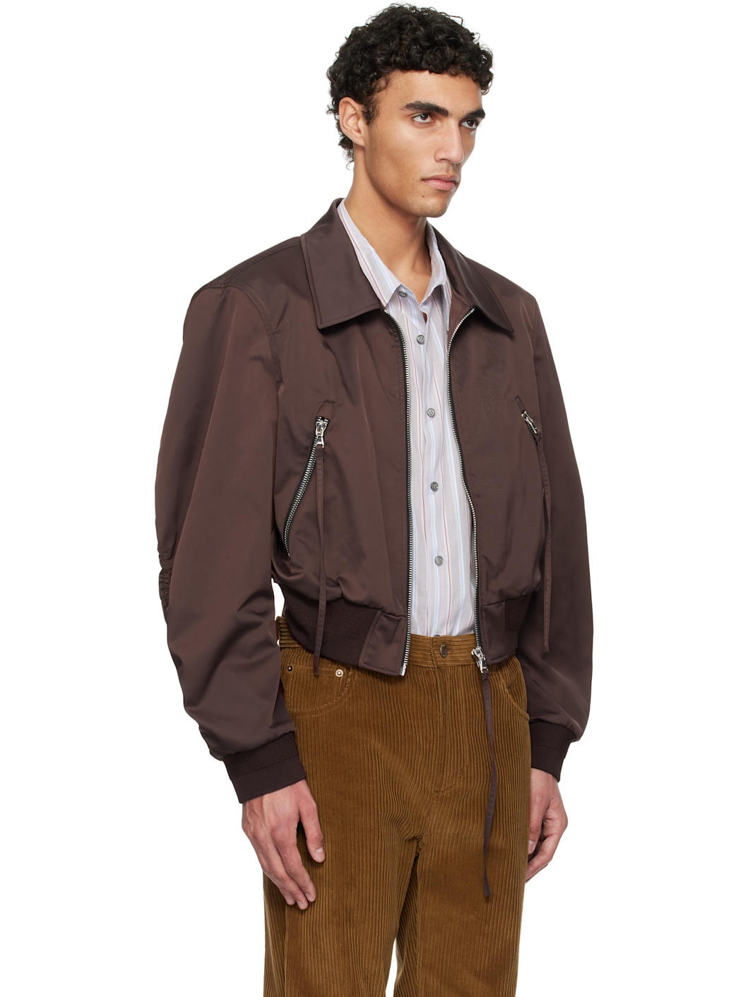 Brown Zipper Details Structured Tim Bomber Jacket - 2
