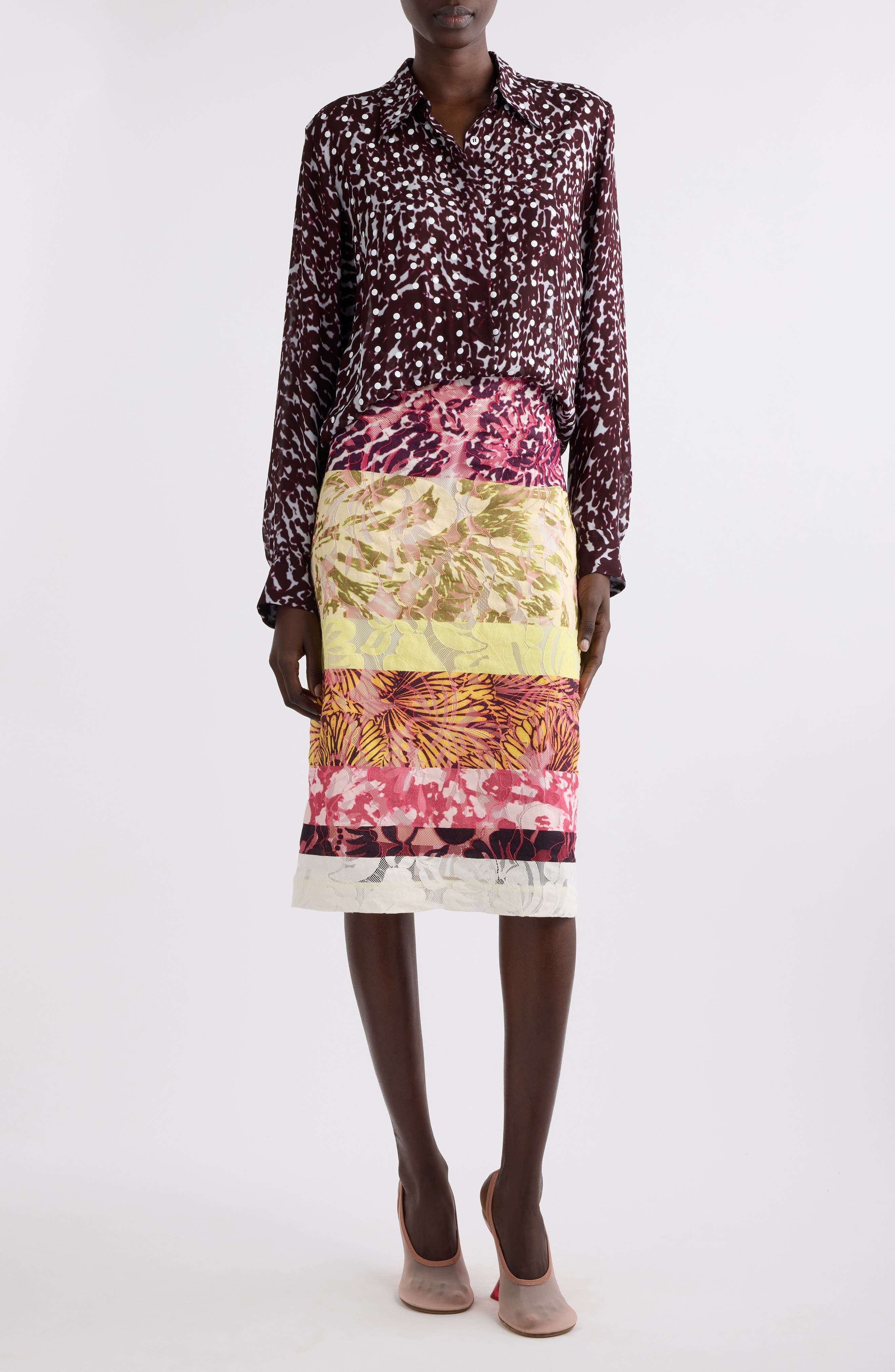 Dries Van Noten Stan Mixed Print Midi Skirt in Burgundy at Nordstrom - 2