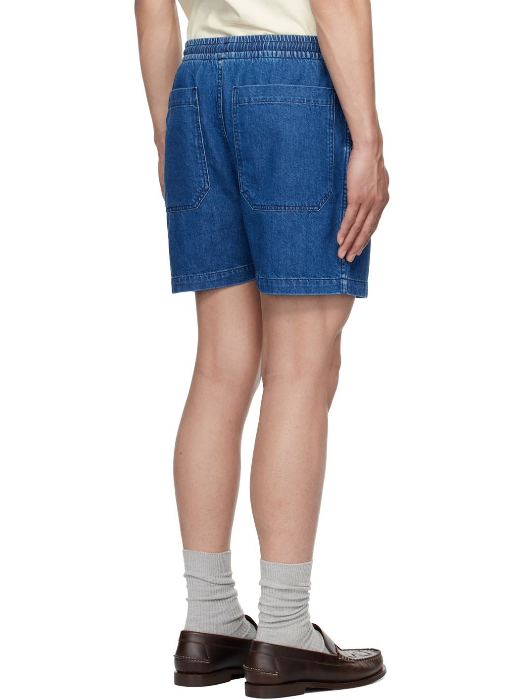Blue Cotton Drawstring Denim Shorts - 3