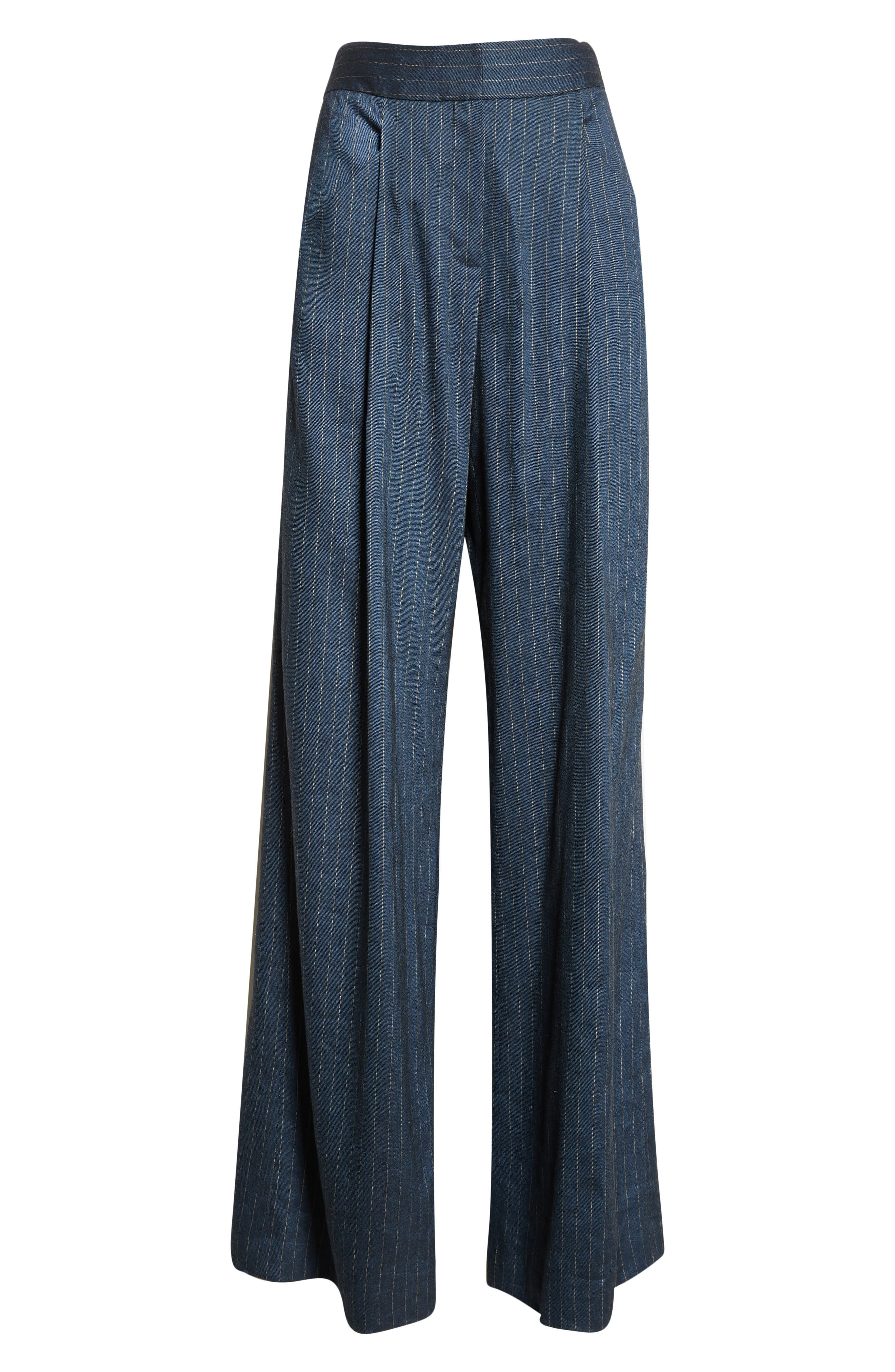 Veronica Beard Rimini Pinstripe Linen Blend Wide Leg Pants in Blue Dove at Nordstrom - 6