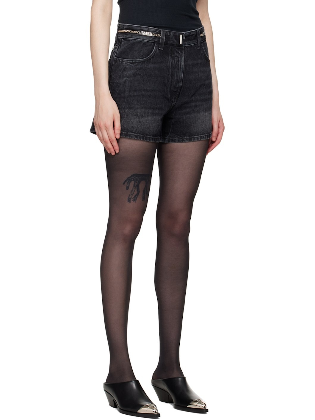 Black Curb Chain Denim Shorts - 2
